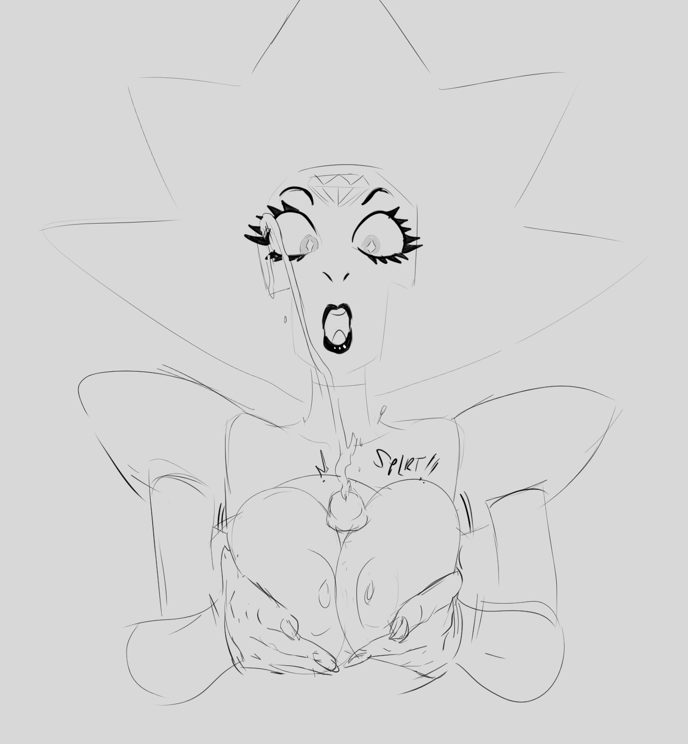 1girls, alien, alien girl, areola, areolae, big breasts, breast grab, breasts, busty, cartoon network, cum, cum string, cum trail, cumming, cumshot, diamond-shaped pupils, disembodied penis, erection, eyelashes, female, female focus, gem (species), greyscale, guillion (toshkarts), hands on breasts, hands on own breasts, highres, huge breasts, large breasts, lips, lipstick, looking at penis, looking down, male, monochrome, nails, nipples, onomatopoeia, open mouth, outercourse, paizuri, penis, sketch, spiky hair, steven universe, surprised, teeth, tongue, voluptuous, white diamond (steven universe)