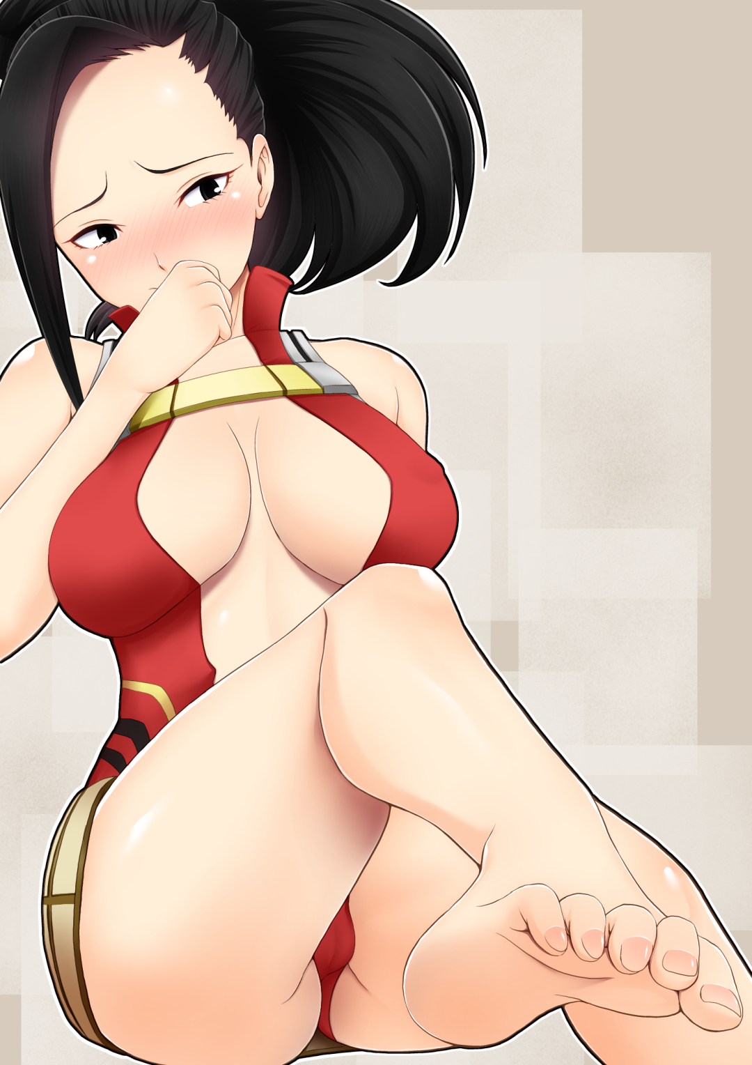 1girls, ass, barefoot, black hair, blush, breasts, breasts apart, cameltoe, clothed, curvy, feet, female, female only, foot focus, pussy, rn