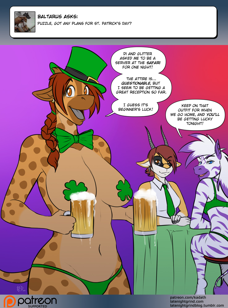 2016 3girls alcohol antelope anthro bare_breasts beer blue_eyes bow_tie bra braid braided_hair breasts brown_eyes brown_hair clover colored_hair diamond_(kadath) english_text equid equine four-leaf_clover furry giraffe giraffid glitter_(kadath) green_bra green_panties horn kadath kadath_tumblr_ask kadath_universe lingerie looking_at_viewer necktie original original_character original_characters panties pasties puzzle_(kadath) shamrock simple_background st._patrick's_day text top_hat topless topless_female zebra