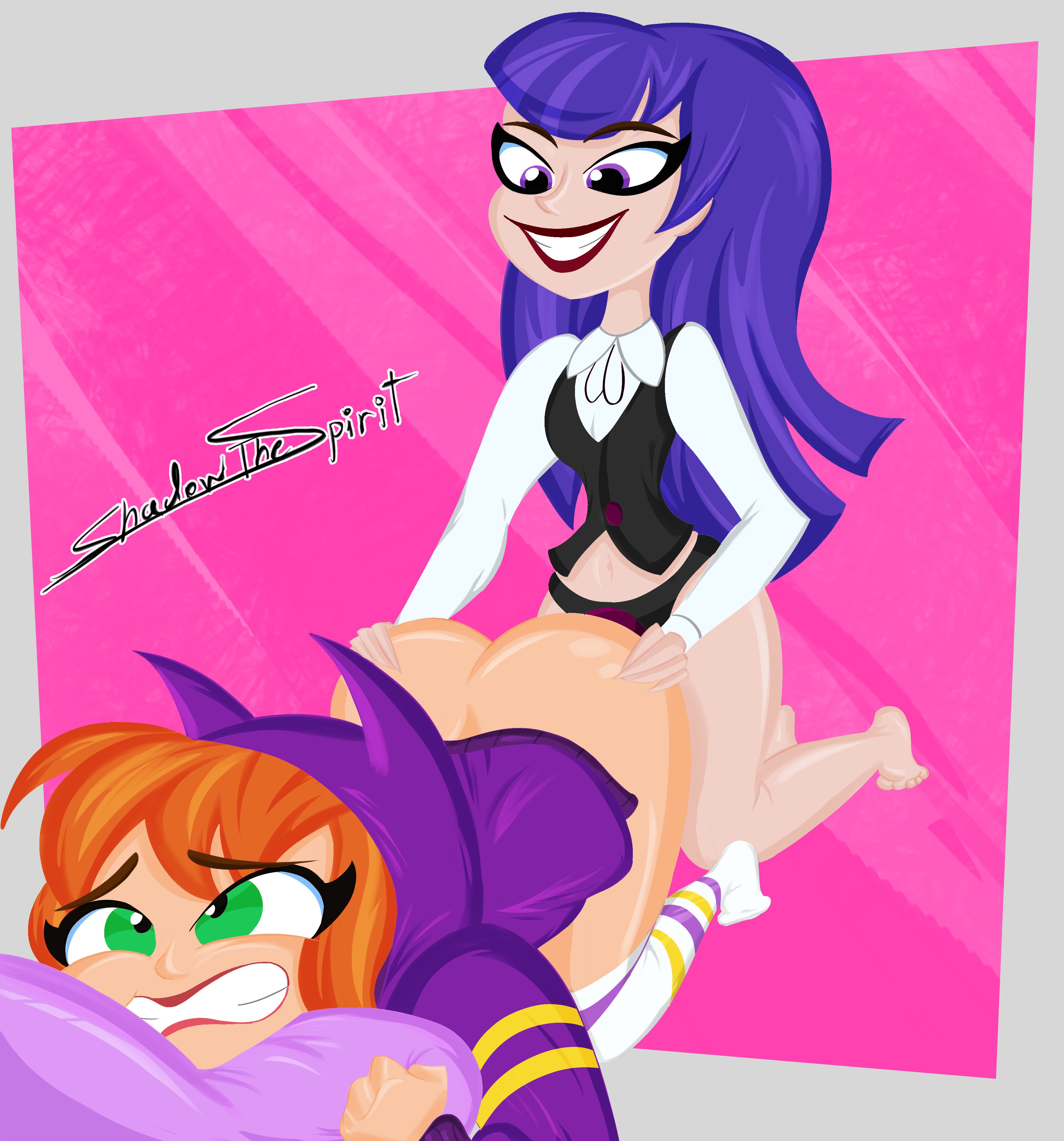 2girls, ass, ass grab, barbara gordon, barbara gordon (shg), batgirl, batgirl (barbara gordon), big ass, big butt, bottomless, clenched teeth, dc, dc comics, dc super hero girls, doggy style, english text, female, female only, multiple females, multiple girls, shadowthespirit, strap-on, strapon, yuri, zatanna, zee zatara
