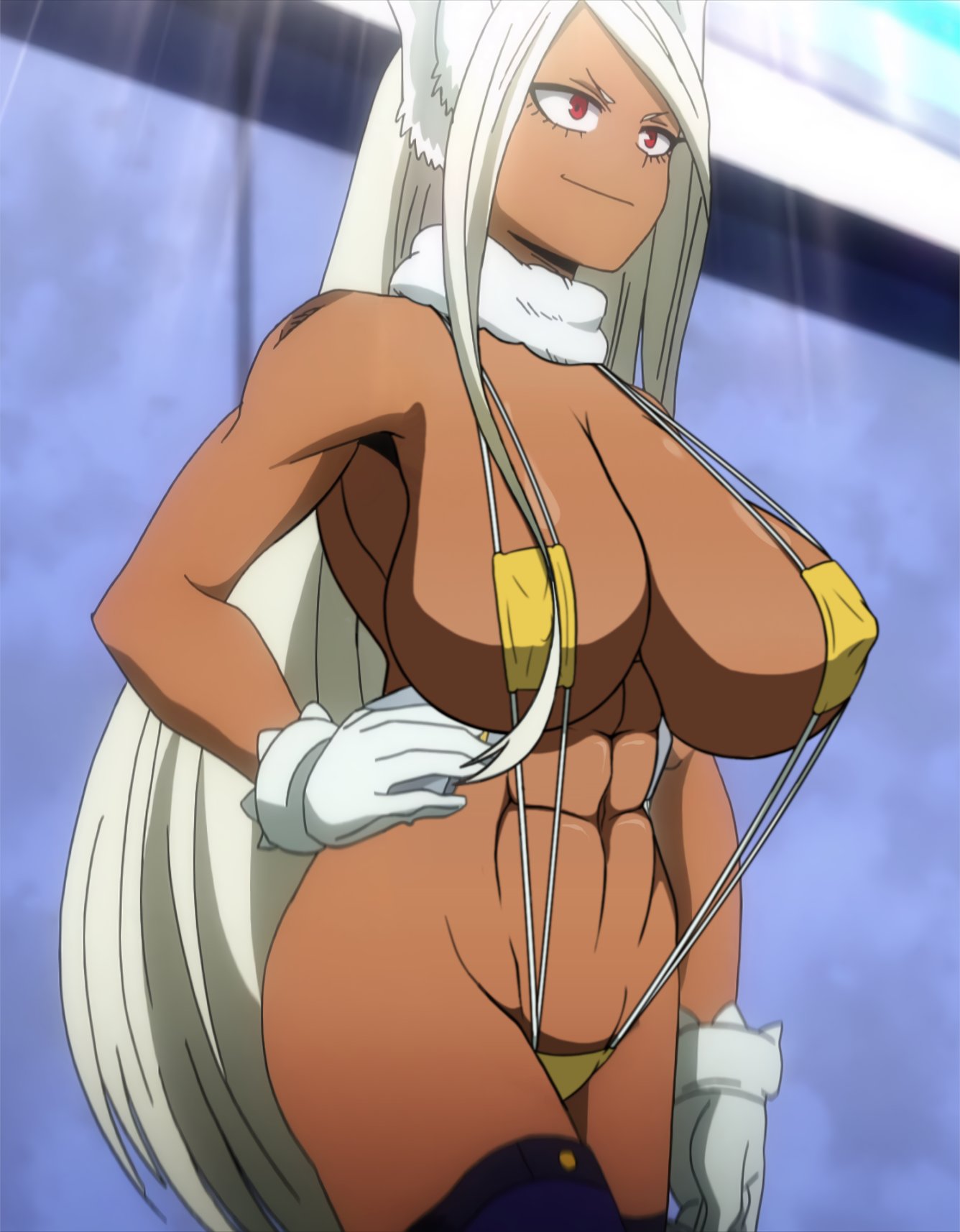 1girls, abs, accurate art style, animal ears, big breasts, bikini, breasts, busty, cleavage, dark skin, dark-skinned female, edit, female, gloves, huge breasts, large breasts, long hair, miruko, monkeyman (artist), muscles, muscular, muscular female, my hero academia, naughty face, navel, rabbit ears, red eyes, rumi usagiyama, screenshot edit, seductive, seductive smile, sling bikini, smile, solo, thick thighs, third-party edit, toned, white eyes, white hair