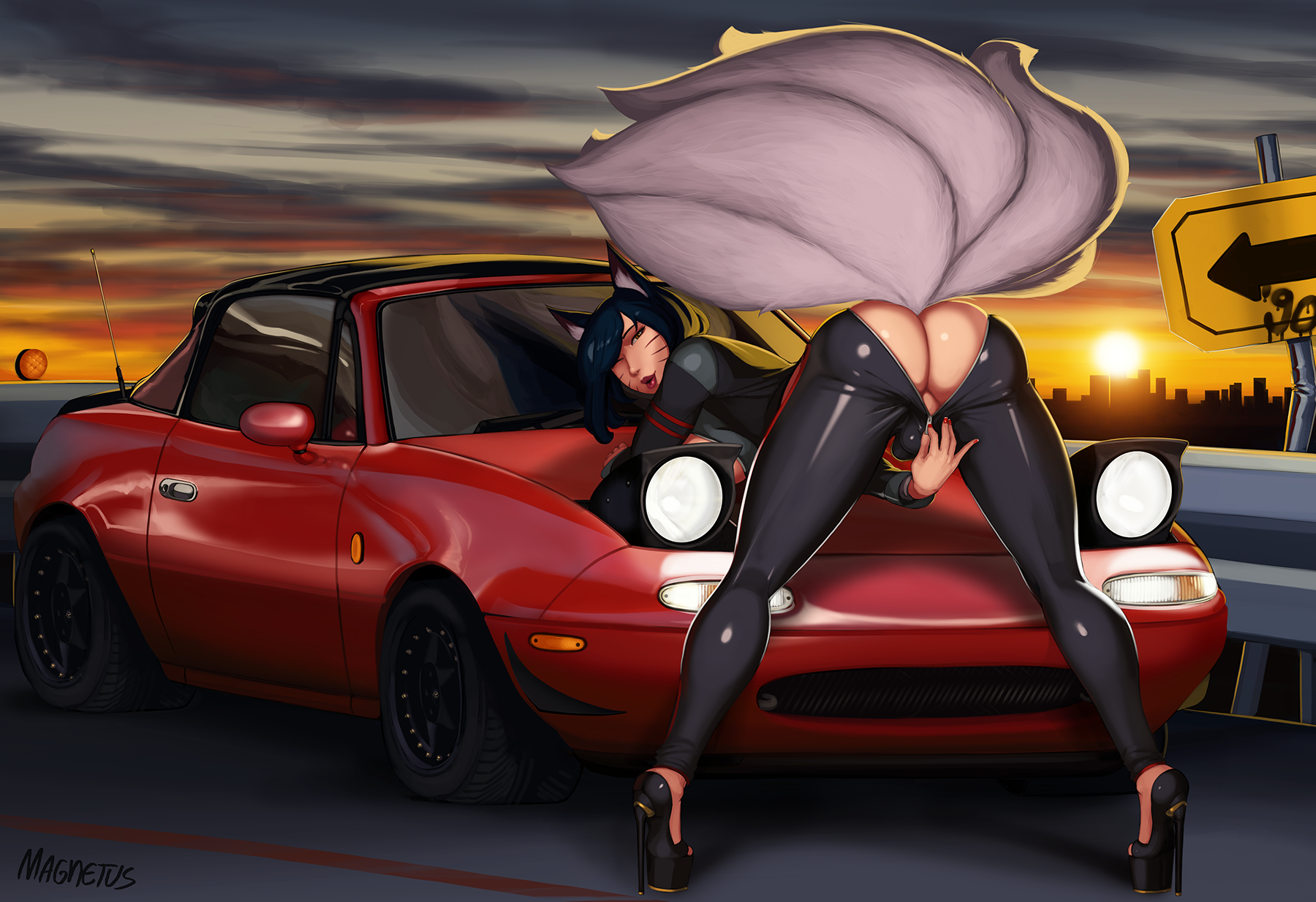 1futa, ahri, balls, big breasts, breasts, bulge, dickgirl, futa only, futanari, high heels, intersex, large breasts, league of legends, looking at viewer, looking back, magnetus, open toe shoes, penis, penis under clothes, platform heels, presenting, presenting hindquarters, riot games, solo, testicles