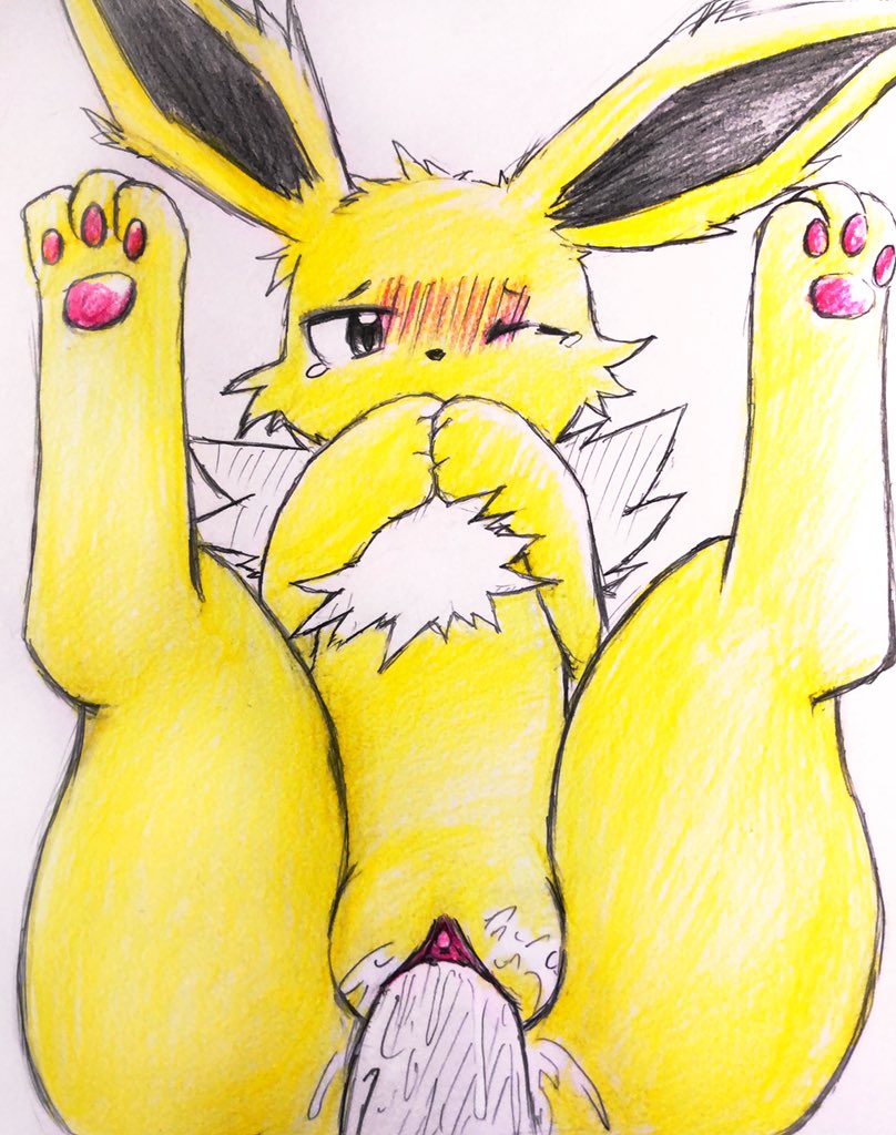 1boy 1girls 3_toes black_eyes black_nose blush bodily_fluids canine chest_tuft clitoris colored_pencil_(artwork) covering_mouth eeveelution eiroru feet female female_focus female_penetrated feral first_person_view fur furry hair_over_one_eye interspecies jolteon larger_male legs_up looking_at_viewer male male_penetrating male_penetrating_female male_pov nintendo one_eye_closed pawpads paws penetration penis pink_pawpads pokémon_(species) pokemon pokemon_rgby pov pussy size_difference sketch smaller_female solo_focus spread_legs spreading tears thick_thighs toes traditional_media_(artwork) tuft vaginal_penetration video_games white_fur wide_hips wince yellow_body yellow_fur