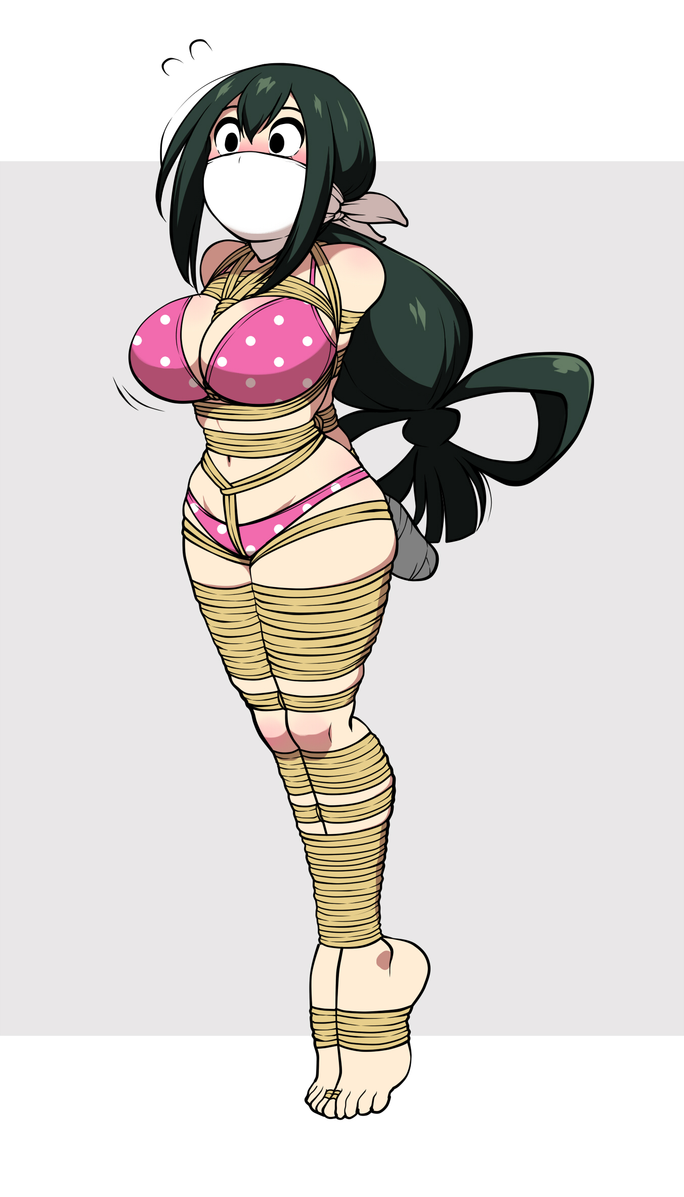 1girls, arms behind back, between breasts, bondage, bound, bra, breasts, crotch rope, feet, feet together, female, femsub, gag, green hair, green-haired female, hopping, jam-orbital, jumping, legs tied, legs together, my hero academia, navel, panties, polka dot, polka dot panties, rope, rope bondage, tied toes, tied up, toes, toes tied, tsuyu asui, underwear