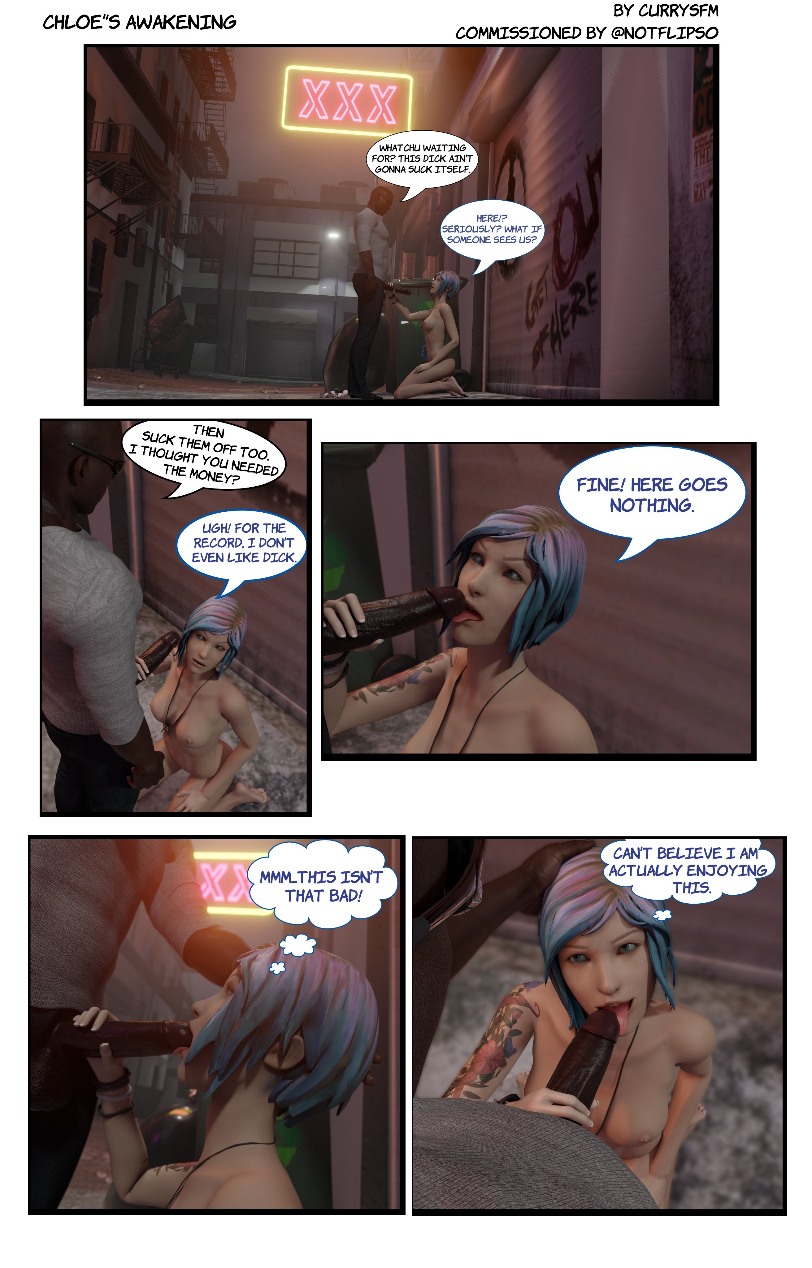 1boy, 1girls, 3d, alley, big penis, blue eyes, blue hair, breasts, chloe price, currysfm, dark skin, dark-skinned male, dumpster, english text, erection, exhibitionism, fellatio, female, hand on another's head, hetero, hi res, huge cock, interracial, just the tip, kneeling, licking, licking penis, life is strange, light skin, light-skinned female, male, medium breasts, nipple piercing, nipples, nude, nude female, open clothes, open fly, orientation play, outdoors, outside, pale skin, pale-skinned female, panels, penis, piercing, prostitution, public, public nudity, public sex, short hair, stealth sex, straight, text, thought bubble, tongue, tongue out