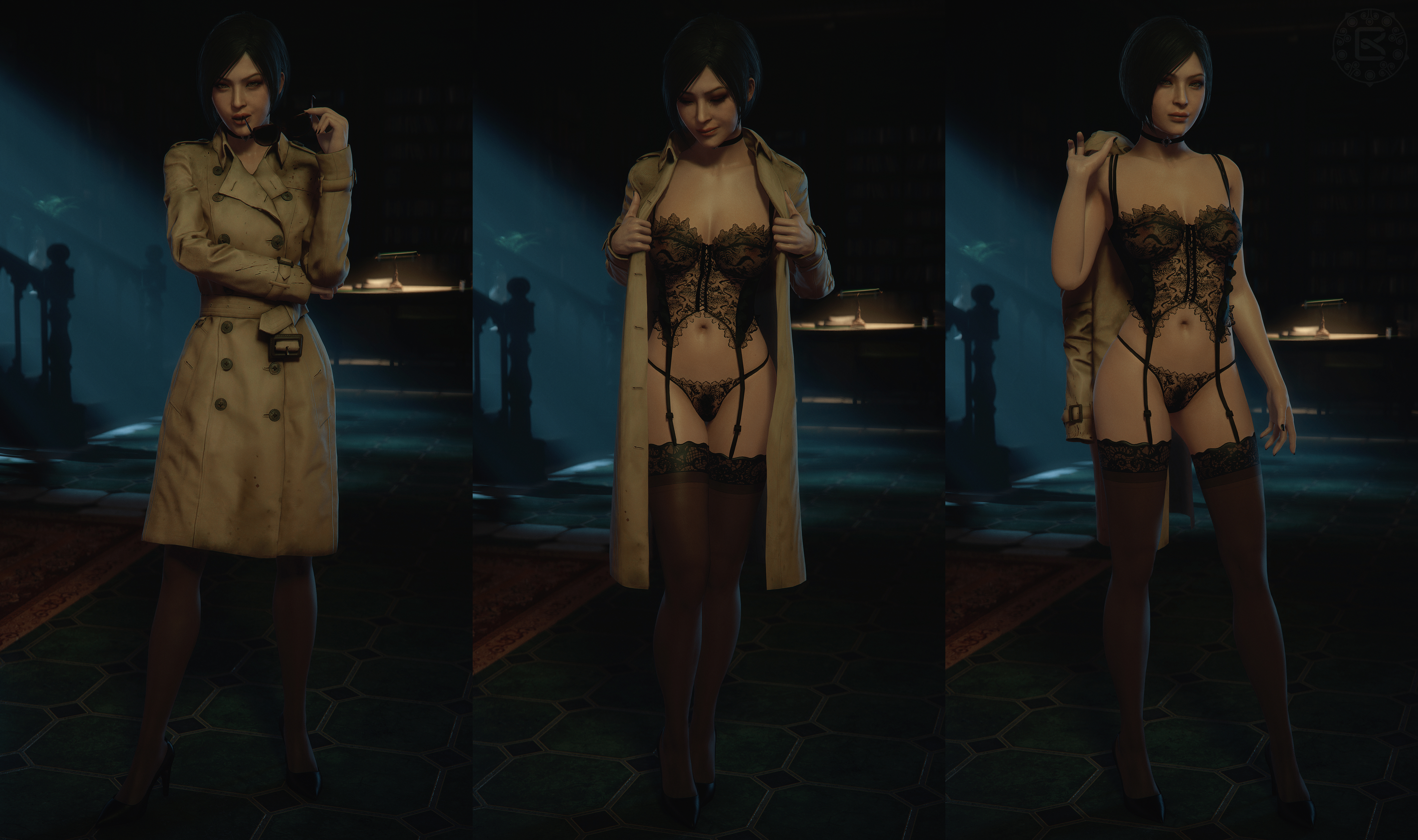 1girls, 3d, absurd res, ada wong, ada wong (adriana), black hair, black-haired female, bomyman, bra, breasts, choker, cleavage, corset, exhibitionism, female, female only, garter straps, high heels, high res, human, human only, legwear, light skin, light-skinned female, lingerie, looking at viewer, nipples visible through clothing, open clothes, open coat, open jacket, outerwear, pale skin, panties, pubic hair, public, public exposure, public nudity, resident evil, resident evil 2, resident evil 2 remake, see-through clothing, see-through lingerie, see-through panties, solo, source filmmaker, standing, stockings, sunglasses, trenchcoat, underwear, undressing