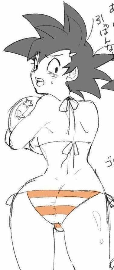 1girls, black eyes, black hair, dragon ball, dragon ball super, female, female goku, genderswap, rule 63, saiyan, son goku, striped panties, swimsuit