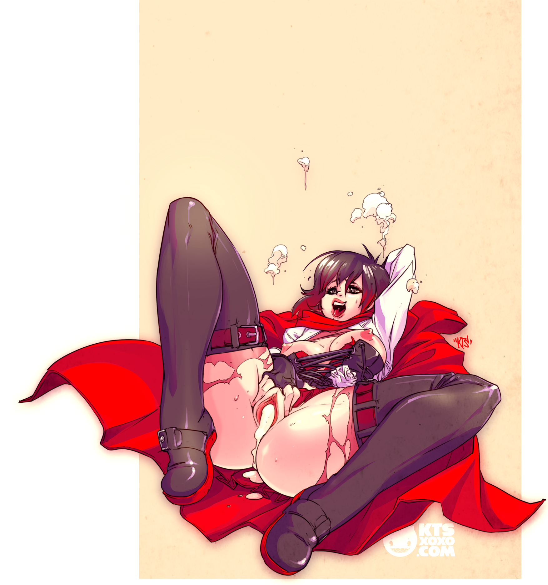 1girls, after sex, areolae, arm behind head, bangs, big lips, black hair, boots, breasts, breasts out, cape, clitoris, cloak, corset, cum, cum in pussy, cum inside, cum leaking, cum on clothes, curvy, female, female only, fingerless gloves, flower, footwear, full body, gloves, hair between eyes, highres, human, kts, large breasts, lying, nipples, on back, open smile, pleasure face, pussy, rooster teeth, rose, ruby rose, rwby, signature, smile, solo, spread legs, spread pussy, sweat, thick cum, thick thighs, thigh boots, thighhighs, tongue, tongue out, url, watermark