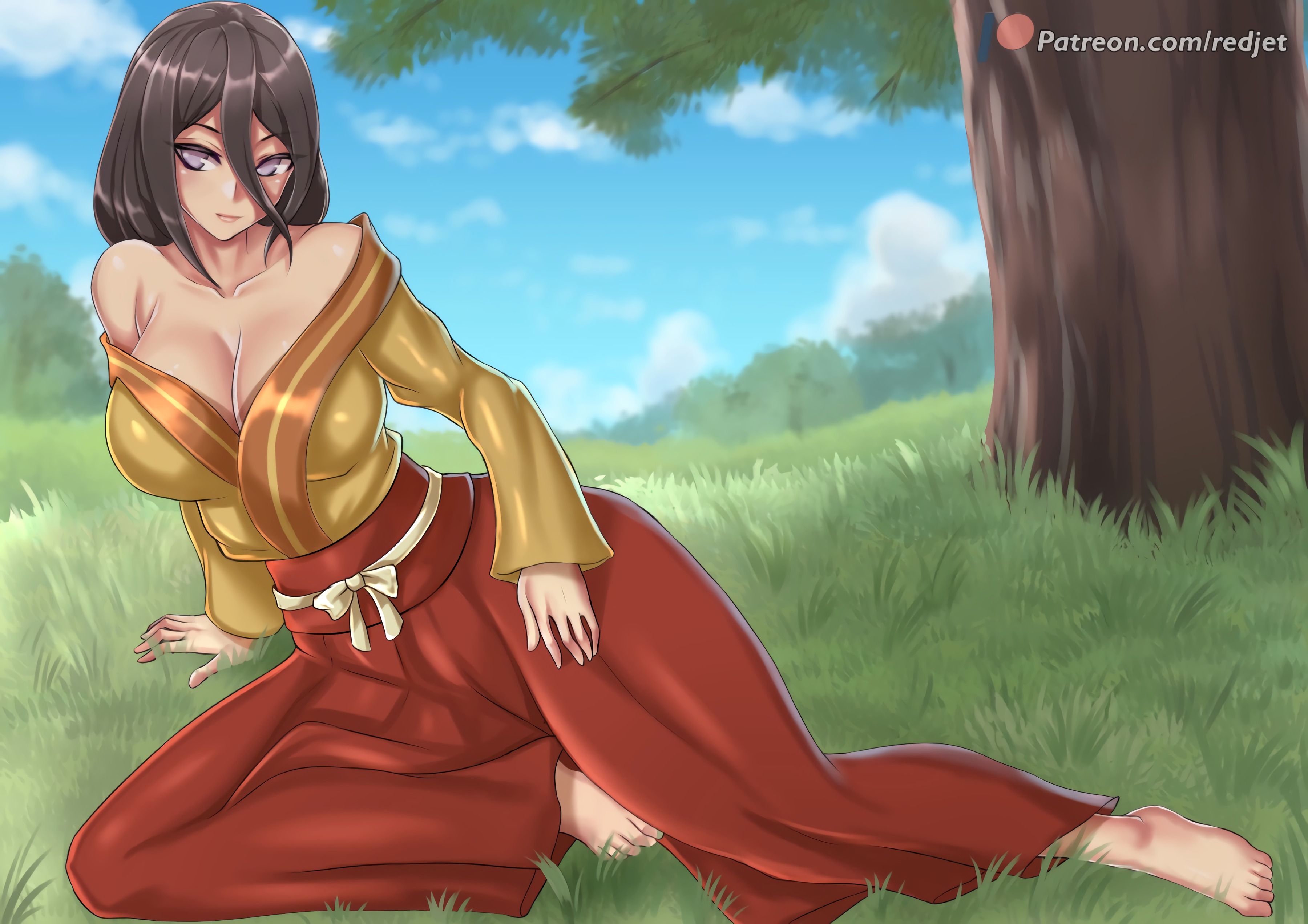 1girls, bare shoulders, barefoot, boruto: naruto next generations, breasts, brown hair, busty, cleavage, feet, female, female only, fully clothed, hakama, hyuuga hanabi, long hair, lying, naruto, naruto (series), on side, outdoors, posing, redjet, solo, tied hair, violet eyes