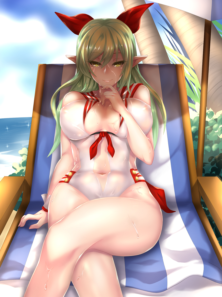 1girls beach big_breasts breasts clothed clothing cute elf elf_ears elsword elsword_(character) excited female female_only fi-san green_eyes green_hair hand_on_mouth legs legs_crossed long_ears long_hair looking_at_viewer pointy_ears relaxing rena_(elsword) ribbon smile solo_female sweat swimsuit tagme