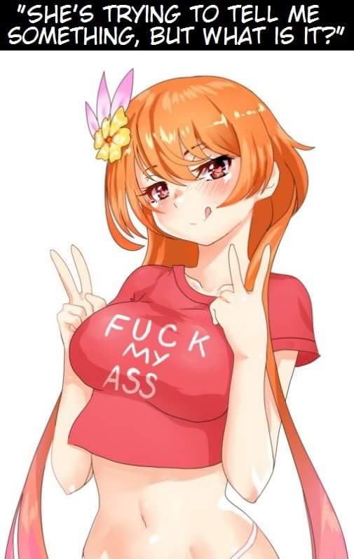 1girls amber_eyes artist_request belly belly_button blush clueless crop_top english_text female female_only flower_in_hair funny heart-shaped_pupils humor licking_lips looking_at_viewer nisekoi orange_hair peace_sign red_eyes red_hair redhead slq solo tachibana_marika tagme_(artist) text text_on_shirt thong tongue_out unknown_artist