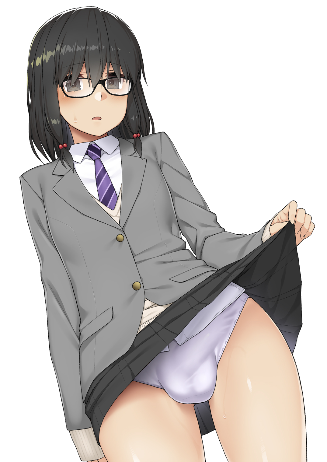 1futa, bangs, black eyes, black hair, blazer, bob cut, breasts, bulge, futa only, futanari, glasses, hair ornament, highres, intersex, kamata yuuya, necktie, original, panties, penis, penis in panties, penis under clothes, penis under skirt, purple panties, school uniform, skirt, skirt lift, small breasts, solo, suit, tie, underwear, white background