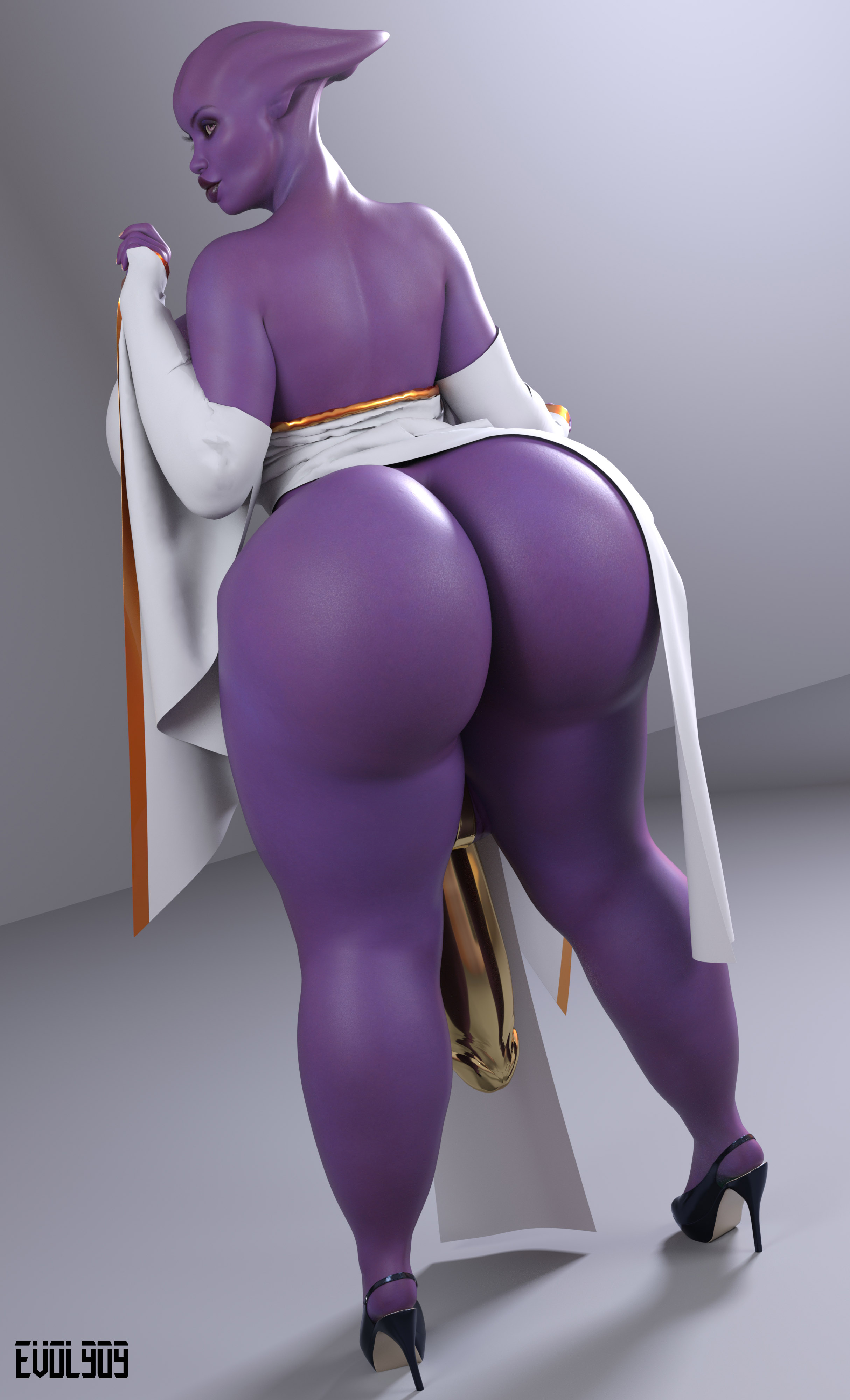 1futa, 3d, alien, alien girl, asari, ass, ass crack, back view, backsack, bald, balls, ballsack, bare shoulders, bottomless skirt, breasts, butt crack, curvy, dark skin, dark-skinned futa, dress, evolluisionist, eyelashes, female, flaccid, futa only, futanari, high heels, hourglass figure, huge ass, huge breasts, humanoid, hyper, hyper bimbo, hyper penis, ineffective clothing, ineffective loincloth, intersex, loincloth, looking at viewer, looking back, mass effect, no panties, original character, penis, penis out, penis under clothes, penis under loincloth, penis under skirt, pose, posing, presenting hindquarters, purple eyes, purple skin, realistic, rear view, shadow, shiny, shiny skin, simple background, skirt, skirt lift, solo, spread legs, spreading, standing, thick thighs, white dress, wide hips