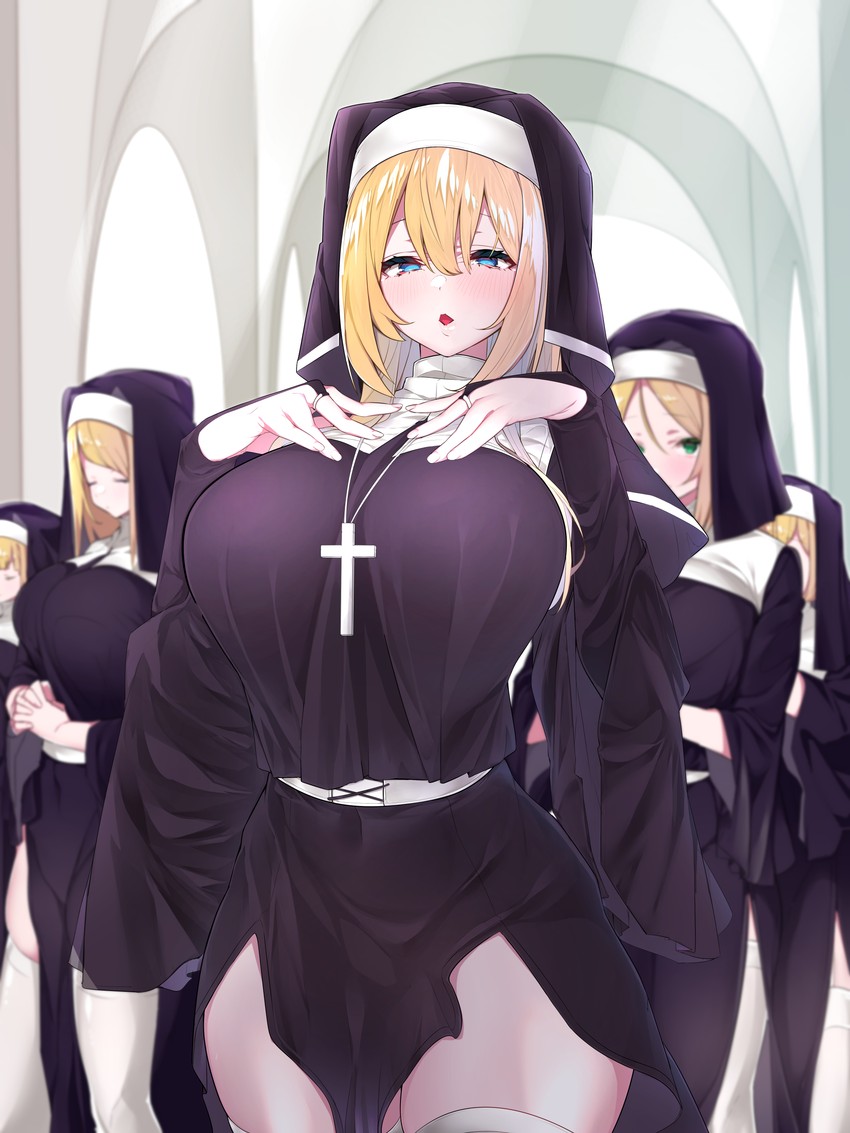 5girls aqua_eyes bedroom_eyes big_breasts blonde_hair blue_eyes blush clothed cross female_only habit half-closed_eyes hands_on_own_chest headdress huge_breasts looking_at_viewer mitsudoue multiple_girls necklace nun open_mouth ring thick_thighs thighhighs