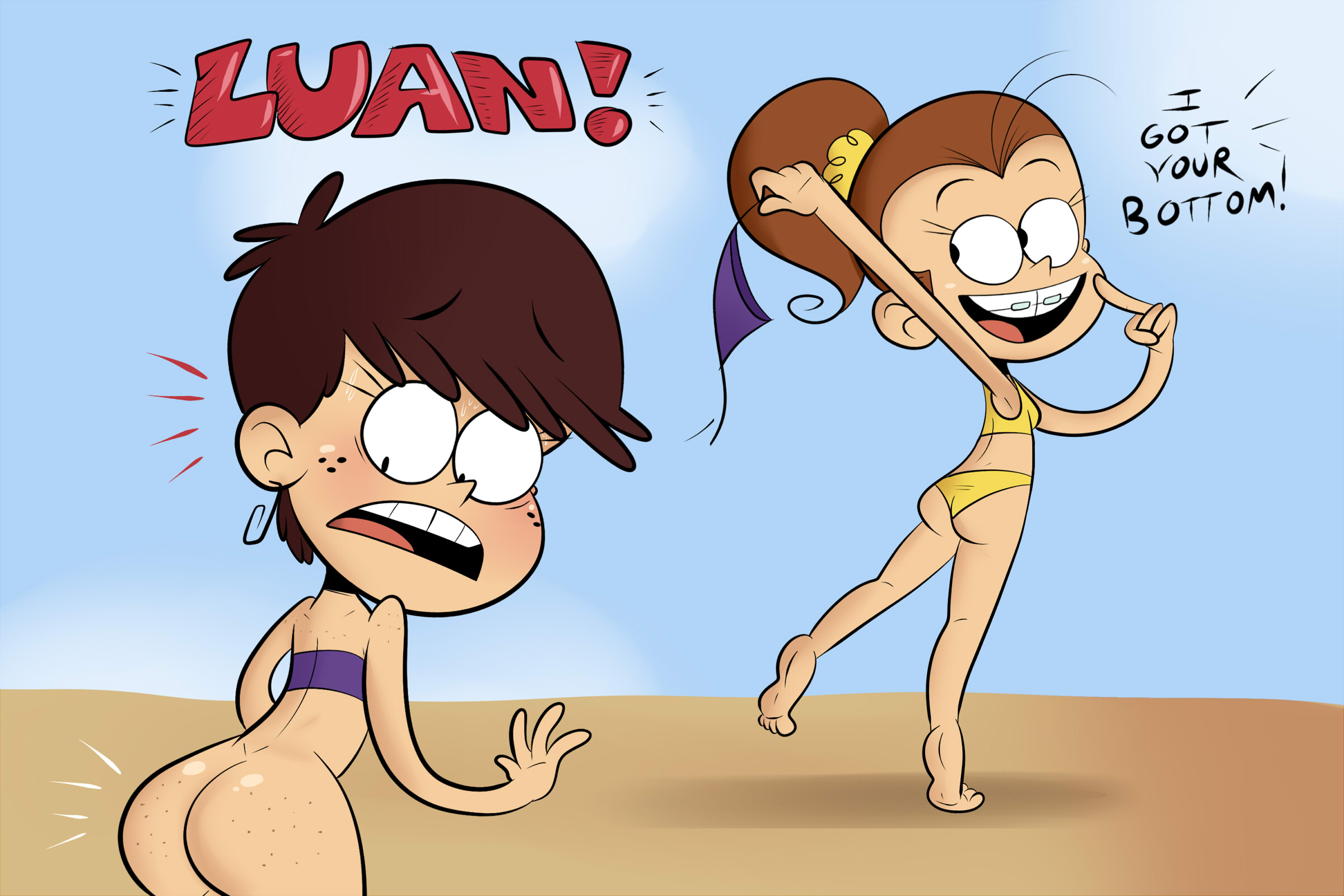 2girls, ass, ass freckles, beach, big ass, bikini, blush, bottomless, braces, brown hair, dimples of venus, embarrassed, enf, feet, female, female only, finger in mouth, freckles, index finger raised, luan loud, luna loud, multiple females, multiple girls, no panties, panties removed, redraw, scobionicle99, sisters, startled, stolen bikini, stolen swimsuit, straight hair, swimsuit, the loud house, toony, wardrobe malfunction, yellow bikini