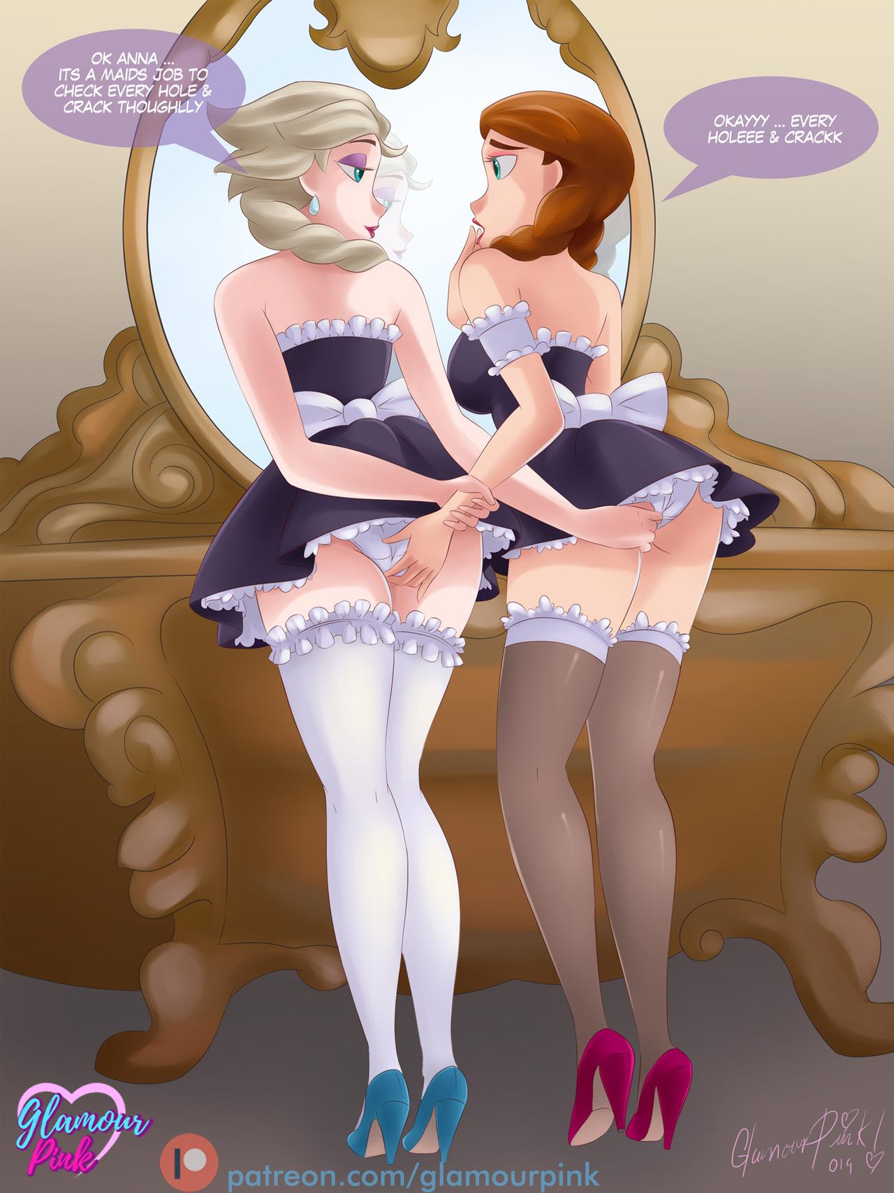 2girls anna_(frozen) disney elsa_(frozen) fingering fingering_partner frozen_(film) glamourpink high_heels incest maid_uniform multiple_girls siblings sisters standing standing_sex upskirt yuri