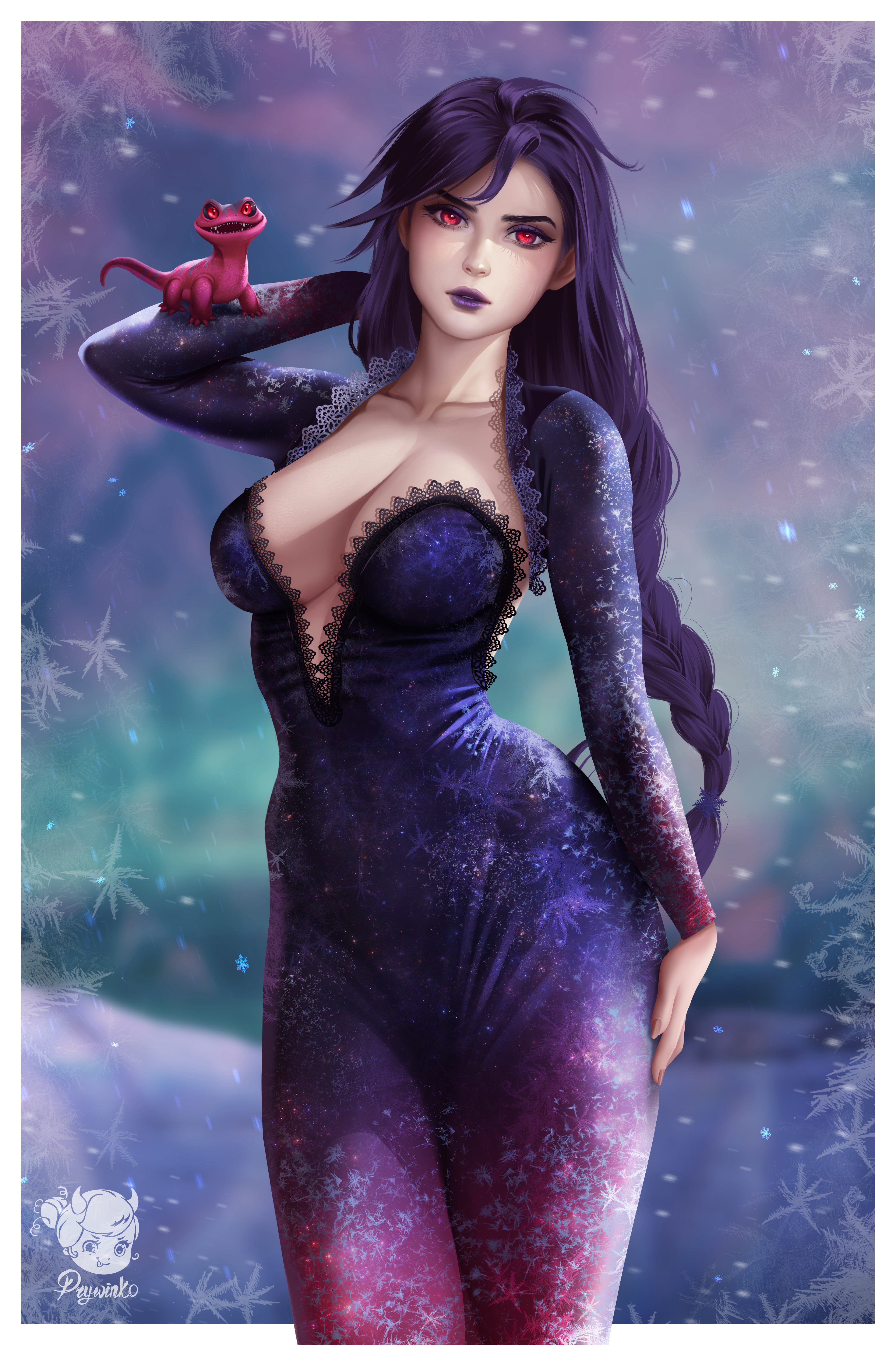 1girls, breasts, cleavage, dark elsa (frozen), disney, dress, elsa (frozen), female, female only, frozen (film), highres, large breasts, prywinko, red eyes, signature, solo, solo female, text