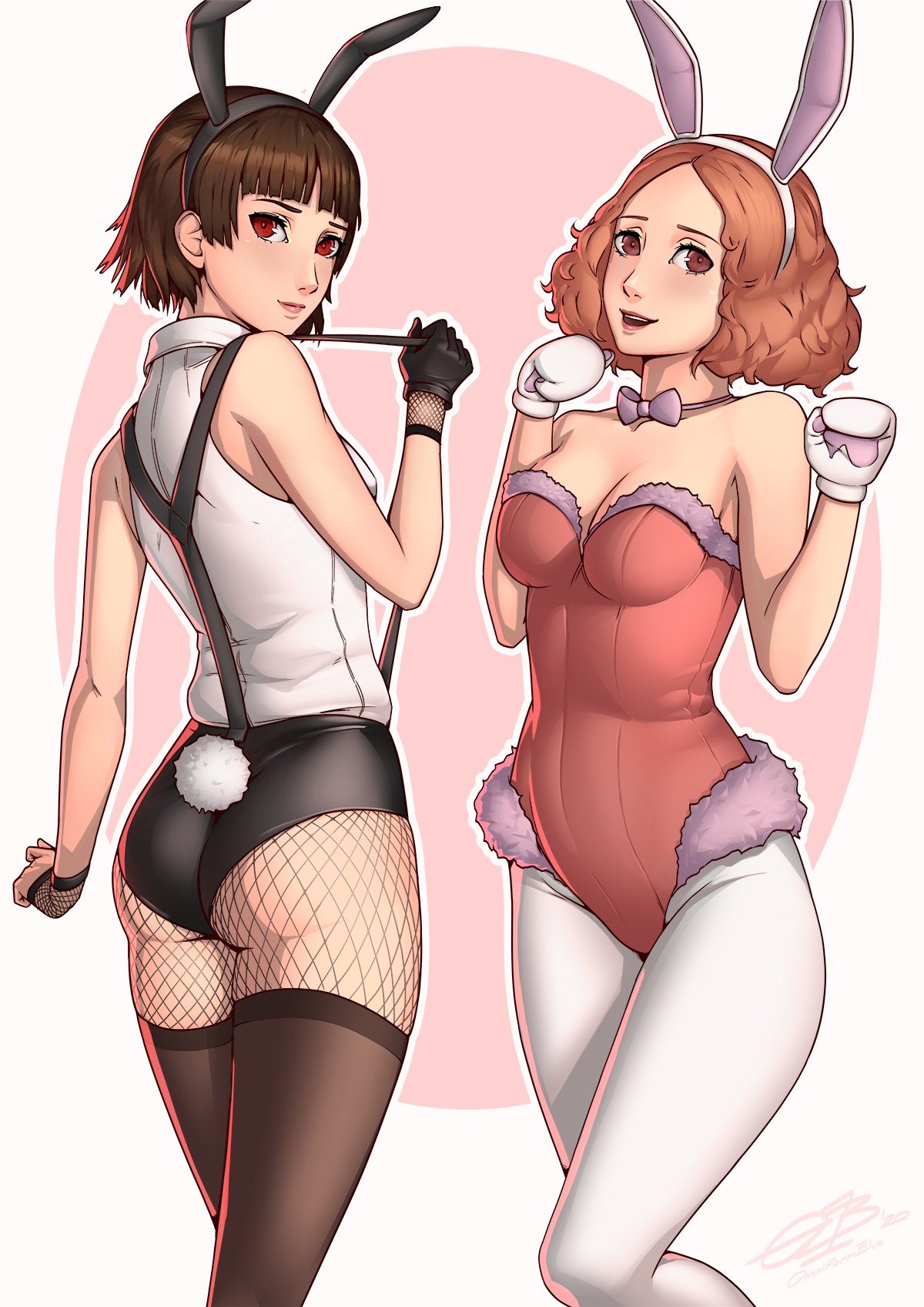 2girls, ass, bunnysuit, cleavage, female, fishnets, gloves, haru okumura, makoto niijima, mittens, multiple females, multiple girls, pantyhose, persona, persona 5, stockings, suspenders
