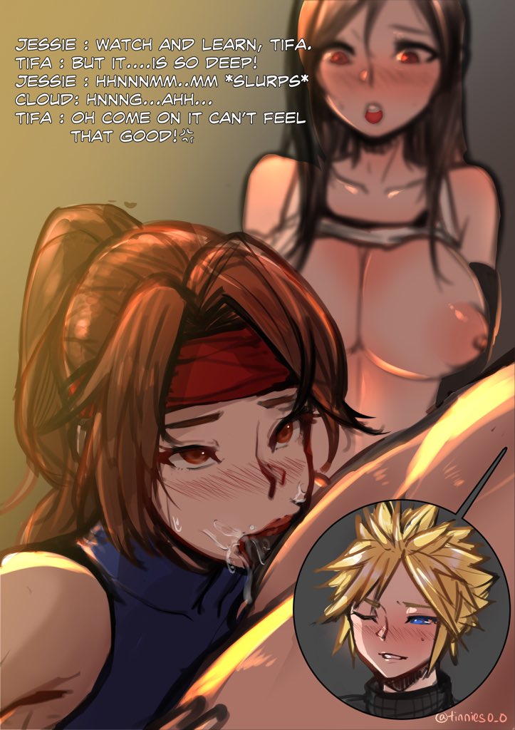 1boy, 2girls, areolae, big breasts, breasts, cloud strife, cuckquean, english text, erection, fellatio, female, final fantasy, final fantasy vii, jessie rasberry, large breasts, male, netorare, nipples, oral, penis, reverse netorare, straight, text, tifa lockhart, tinnies