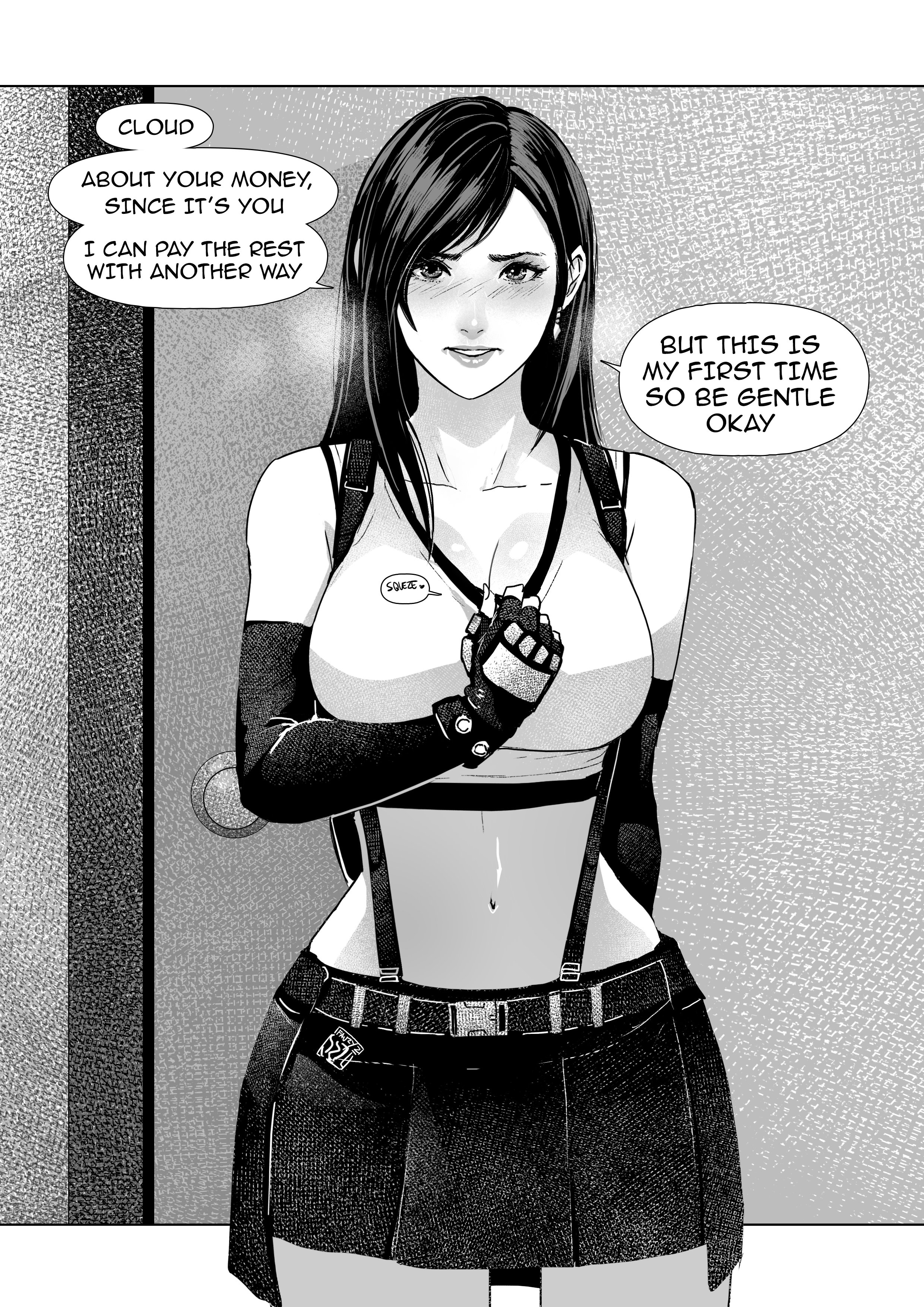 1girls, assertive, big breasts, blush, breasts, cirenk, cleavage, clothed, comic, door, earrings, english text, female, female only, female virgin, final fantasy, final fantasy vii, final fantasy vii remake, greyscale, highres, horny, hourglass figure, imminent sex, invitation, large breasts, long hair, looking at viewer, midriff, monochrome, navel, offscreen character, prostitution, skirt, solo, speech bubble, suspenders, tank top, tifa lockhart, virgin, voluptuous