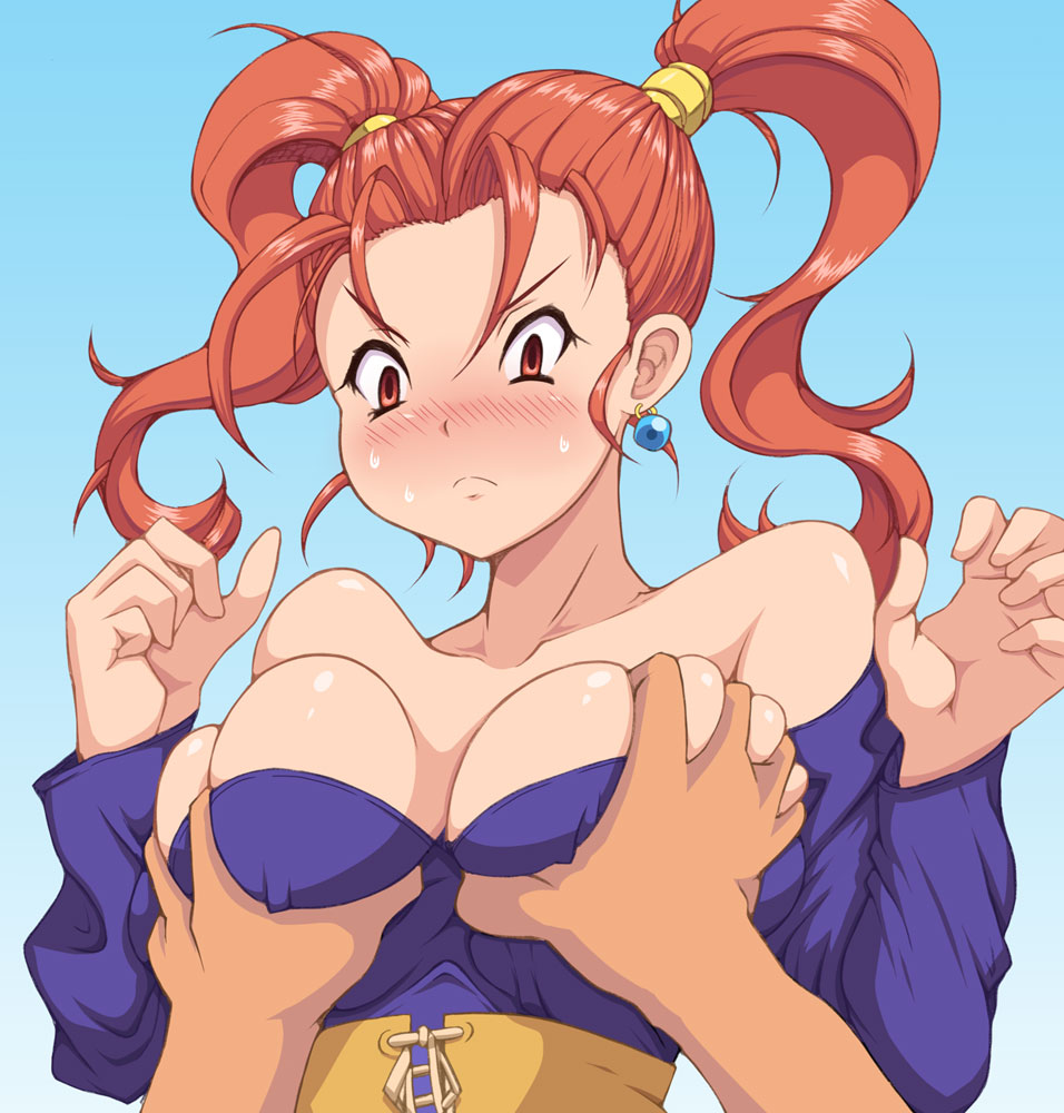 big_breasts blush breast_grab breast_squeeze breasts brown_eyes clothing cougar3 dragon_quest dragon_quest_viii erect_nipples erect_nipples_under_clothes female grab grabbing groping jessica_albert kihaiu large_breasts long_hair male nipples nipples_visible_through_clothing red_hair straight twintails