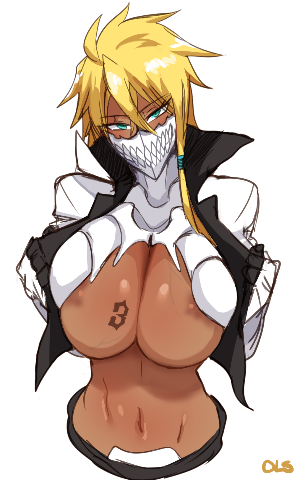 1girls, big breasts, bleach, breasts, cleavage, clothed, clothing, dark skin, dark-skinned female, female, female only, huge breasts, large breasts, lightsource, solo, tia harribel, veins, veiny breasts