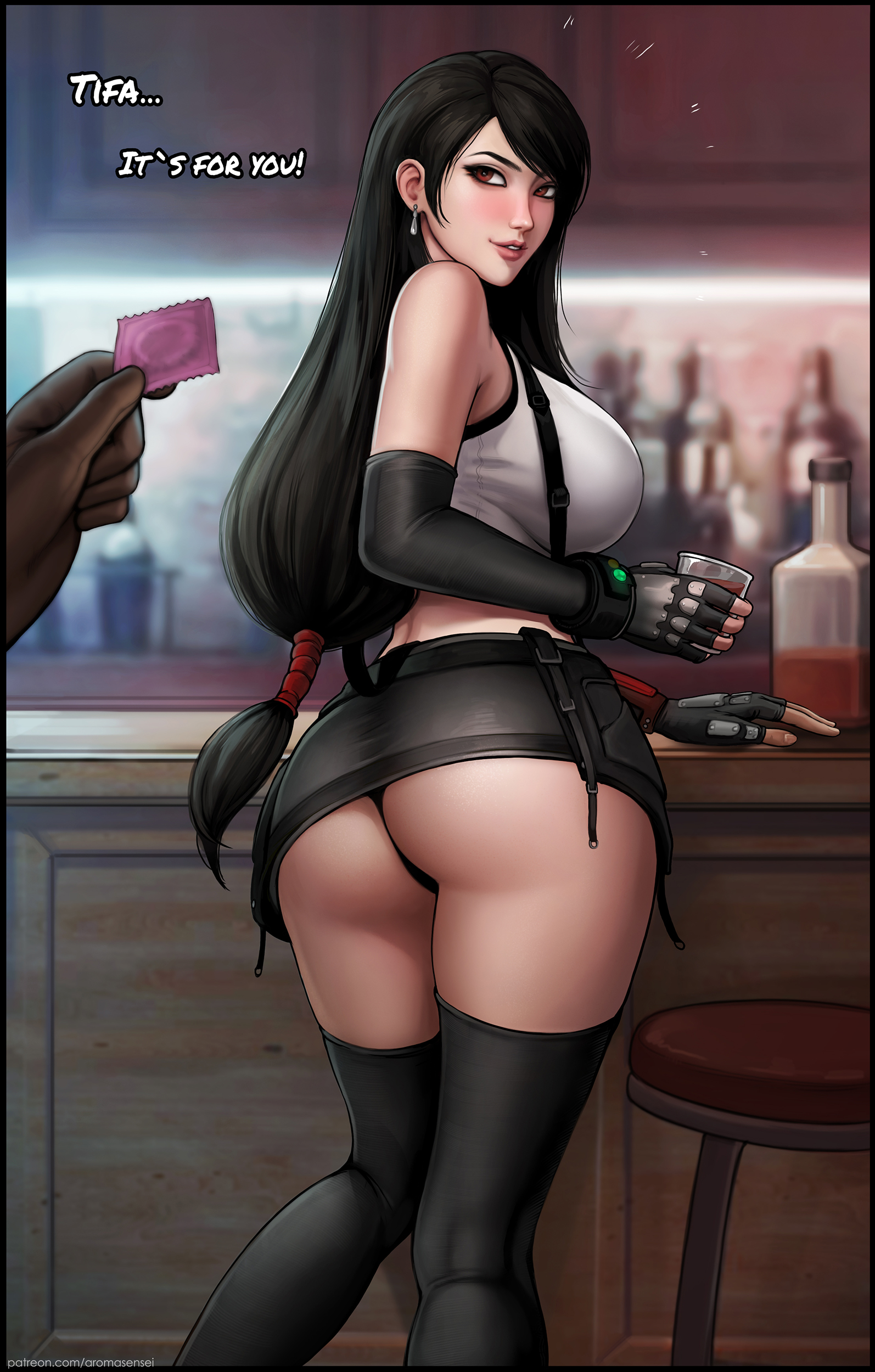 1boy, 1girls, alcohol, aroma sensei, ass, black thong, blush, breasts, brown eyes, cloud strife, condom, condom wrapper, english text, female, female focus, final fantasy, final fantasy vii, gloves, highres, imminent sex, male, miniskirt, naughty face, panties, skirt, small panties, smile, speech bubble, straight, tank top, thighhighs, thong, tifa lockhart, upskirt