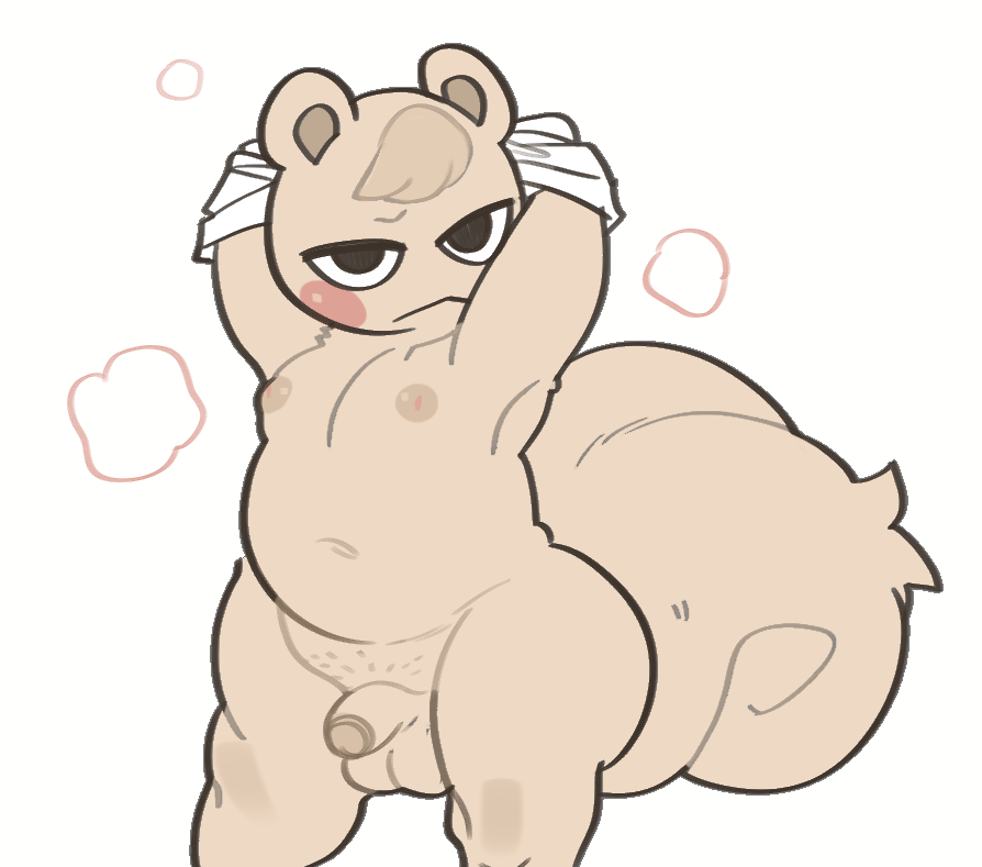 2020, animal crossing, anthro, areola, balls, belly, boxer briefs, brown eyes, cheek spots, clothing, curled tail, flaccid, fur, genitals, glans, hair, half-closed eyes, hands behind head, humanoid genitalia, humanoid penis, male, male only, marshal (animal crossing), mostly nude, narrowed eyes, navel, nintendo, nipples, penis, portrait, pubes, solo, standing, steam, submarine screw, three-quarter portrait, underwear, undressing, video games, white body, white fur