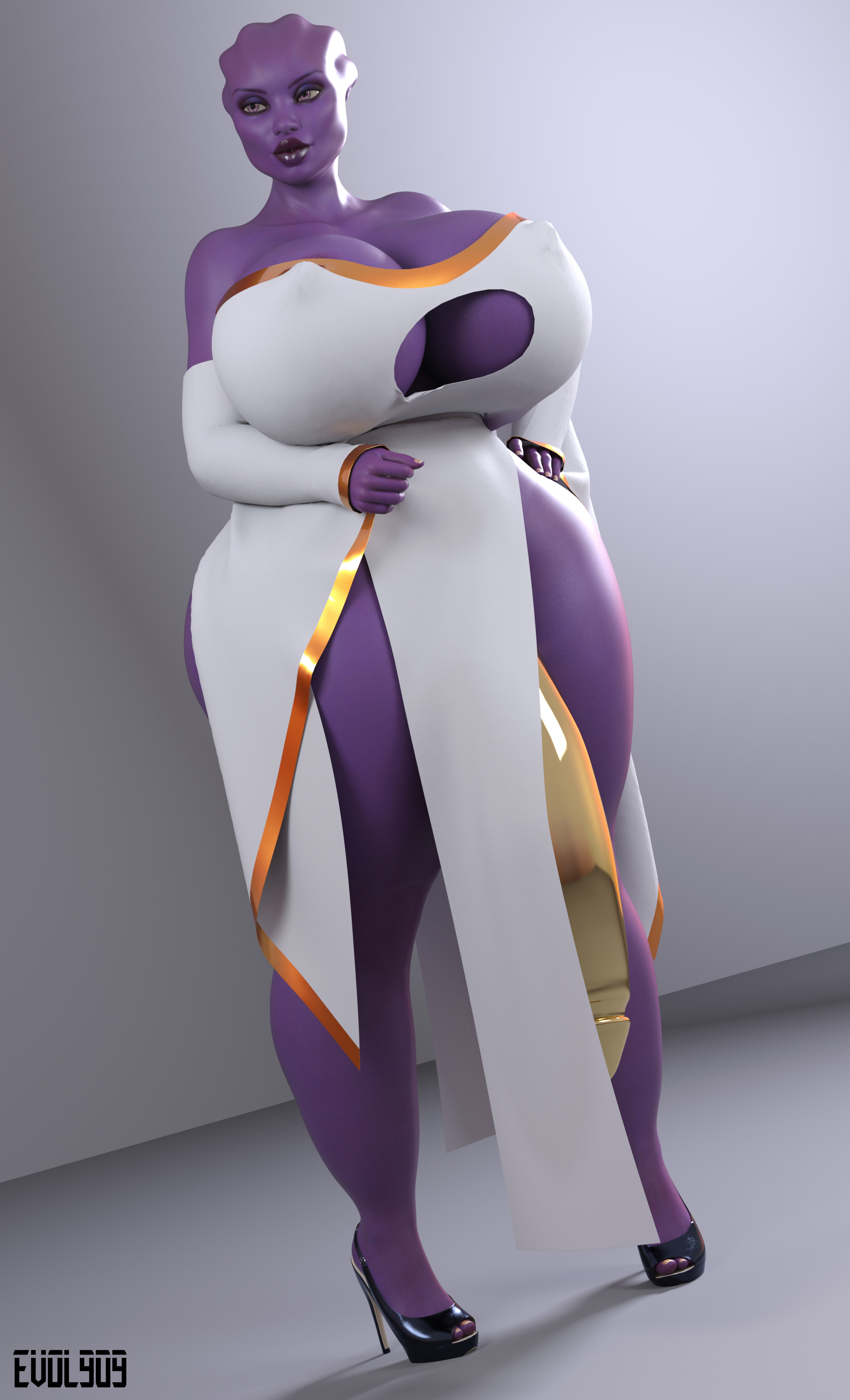 1futa, 3d, alien, alien girl, asari, bald, bare shoulders, bolt on tits, bottomless skirt, breast implants, breasts, cleavage, cleavage cutout, curvy, dark skin, dark-skinned futa, dress, enhanced breasts, erect nipples, evolluisionist, eyelashes, fake breasts, female, flaccid, front view, futa only, futanari, hand on hip, hands on hip, hands on hips, high heels, hourglass figure, huge breasts, huge cock, humanoid, hyper, hyper bimbo, hyper breasts, hyper penis, ineffective clothing, ineffective loincloth, intersex, loincloth, mass effect, nipple bulge, nipples, no panties, original character, pelvic curtain, penis, penis out, penis under clothes, penis under loincloth, penis under skirt, pose, posing, purple eyes, purple skin, realistic, shadow, shiny, shiny skin, silicone, silicone implants, simple background, skirt, solo, spread legs, spreading, standing, thick, thick thighs, white dress, wide hips
