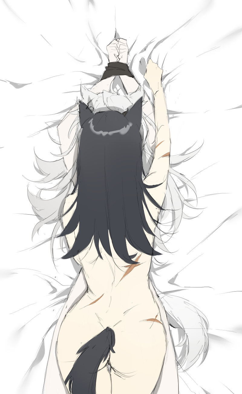 2girls animal_ears arknights black_hair bound bound_wrists highres lappland_(arknights) long_hair lying meng_ziya multiple_girls on_back on_bed scar tail texas_(arknights) white_hair wolf_ears wolf_tail yuri