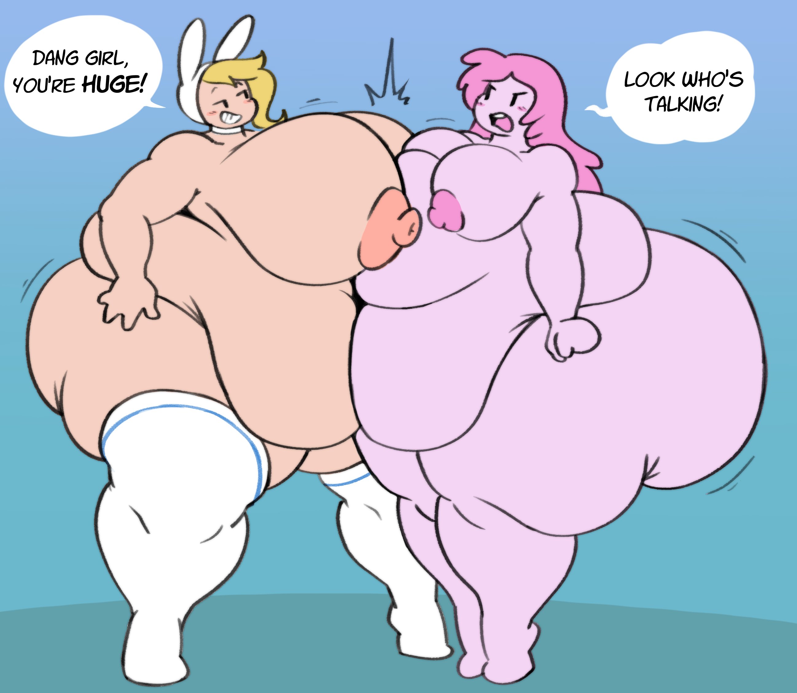 adventure time, angstrom, bbw, belly, big belly, black eyes, blonde hair, breasts, cartoon network, fat, fat female, female, female focus, female only, fionna the human girl, nipples, obese, obese female, overweight, overweight female, pink body, pink hair, princess bubblegum, thick thighs, thighs