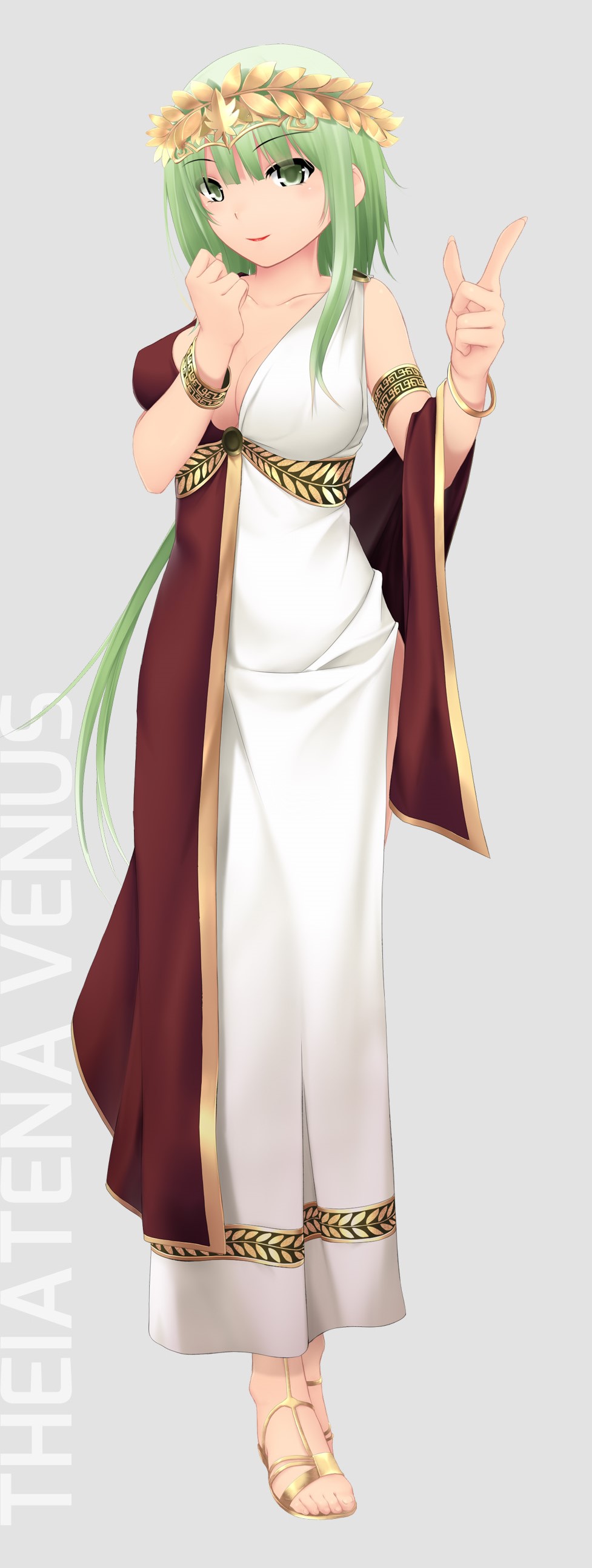 1girls artist_request big_breasts cg_art clothed crown dress female female_only goddess gold_jewelry green_eyes green_hair hunie_(series) huniepop laurel_crown laurel_wreath sandals solo tagme_(artist) theiatena_venus toga unknown_artist