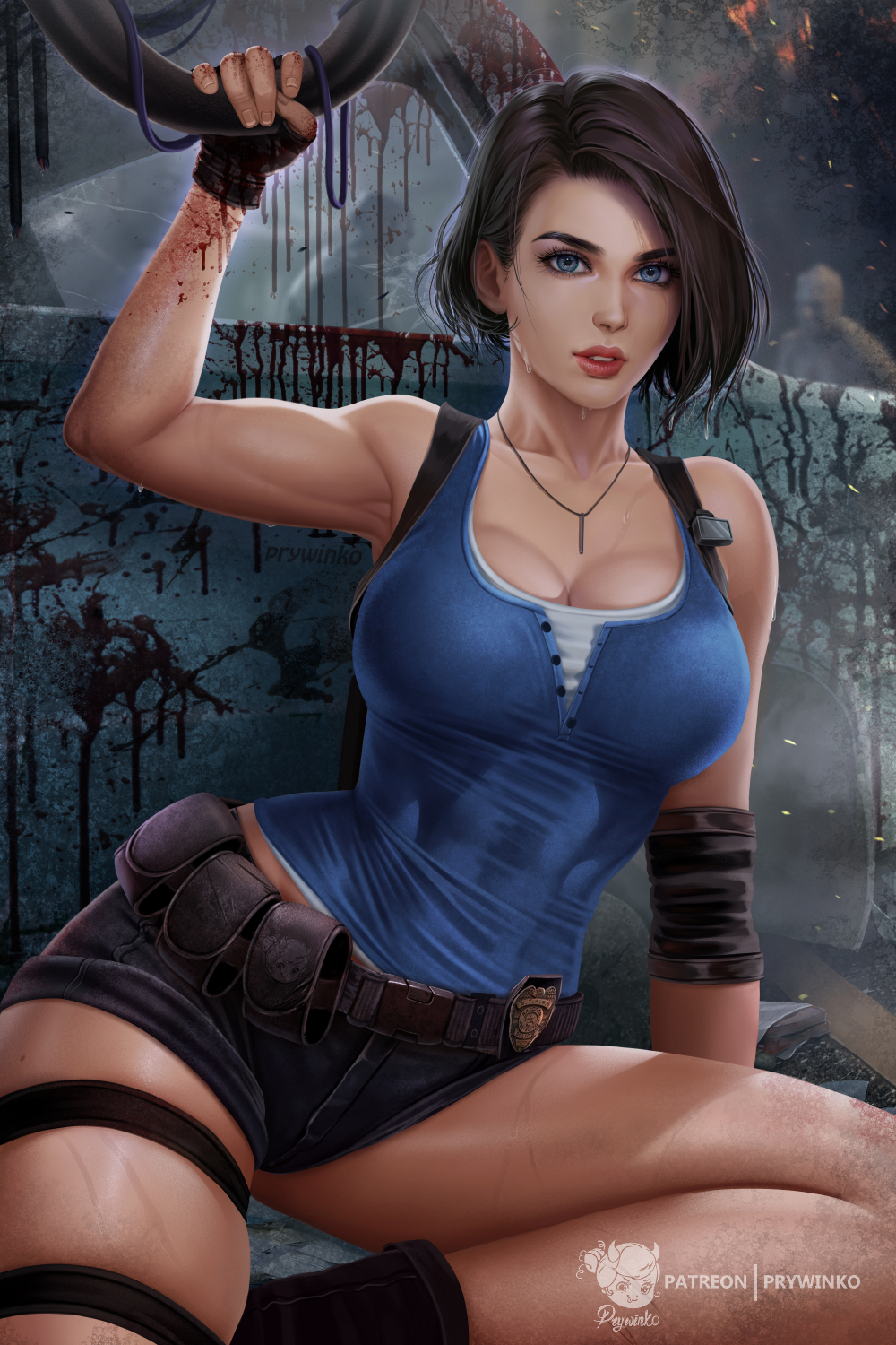 big breasts, blue eyes, breasts, brown hair, female, female only, jill valentine, jill valentine (sasha zotova), nipples, nipples visible through clothing, prywinko, resident evil, resident evil 3, resident evil 3 remake, short hair, solo, solo female, solo focus, thick thighs