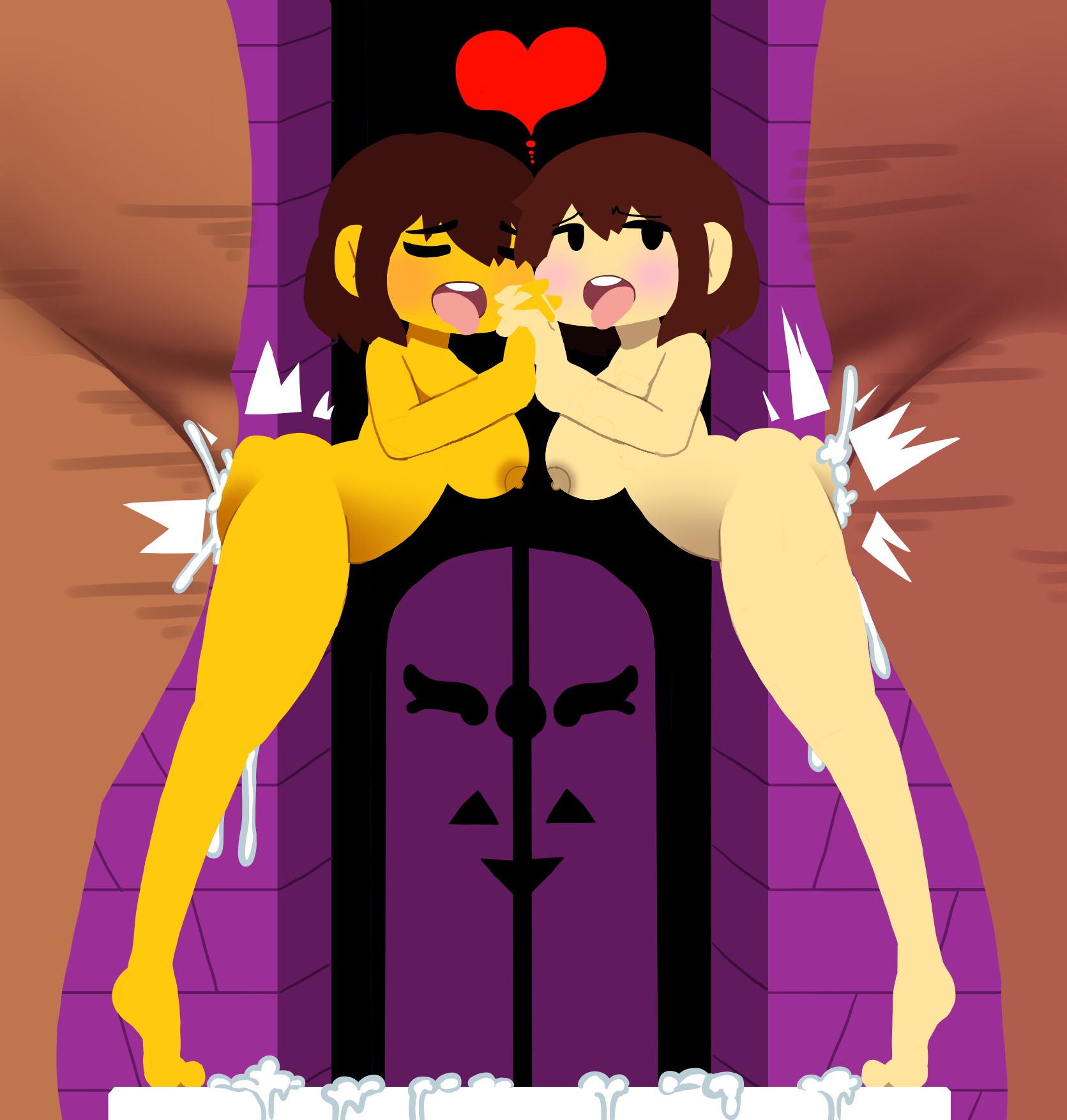 2boys, 2girls, anal, anal penetration, anal rape, ass, brown hair, chara, clama, completely nude, cum, cum in ass, cum inside, dominant male, edit, female, female chara, female frisk, female protagonist, fingers interlocked, frisk, from behind position, heart, holding hands, human, light skin, light-skinned female, looking back, looking pleasured, male, mob face, motion lines, nude, pale skin, pale-skinned female, rape, standing on tip toes, standing sex, straight, tiptoes, tongue, tongue out, trusting, undertale, undertale (series), whitewo1f, yellow skin, young