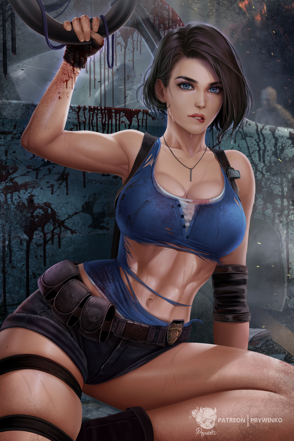 abs belt big_breasts biting_lip blood blue_eyes boots brown_hair clothed_female dirty elbow_pads female female_only gloves jill_valentine jill_valentine_(sasha_zotova) prywinko resident_evil resident_evil_3 resident_evil_3_remake short_hair shredded_clothes solo solo_female solo_focus sweat thick_thighs toned toned_female