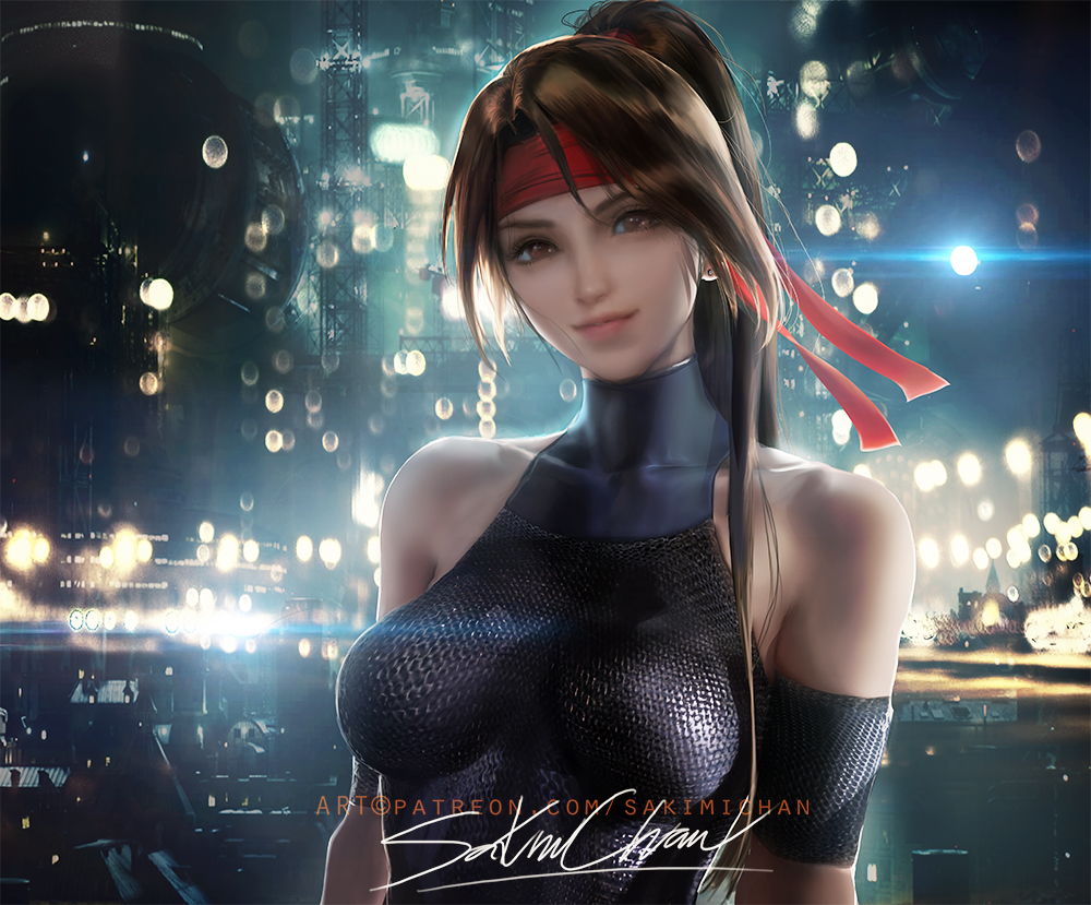 big breasts, breasts, brown eyes, brown hair, female, female only, final fantasy, final fantasy vii, final fantasy vii remake, jessie rasberry, long hair, ponytail, sakimichan, solo, solo female, solo focus, square enix