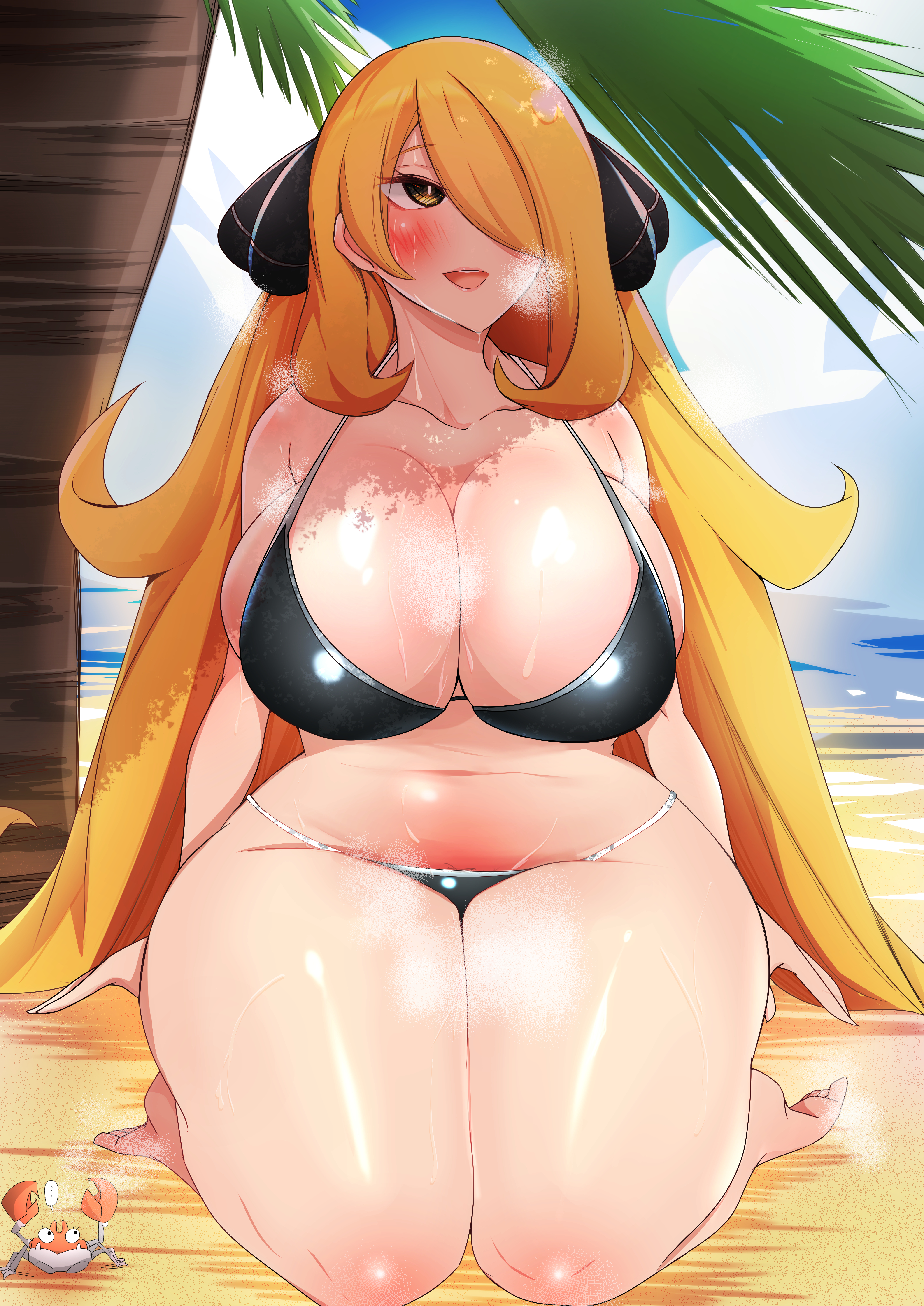 1girls, alternate breast size, alternate outfit, ambiguous gender, ass, belly, big breasts, bikini, breasts, chubby, cleavage, clothed, cynthia (pokemon), female, feral, huge ass, huge breasts, human, kikikitama, krabby, larger female, midriff, navel, nintendo, nude, pokemon, pokemon dppt, pokemon rgby, size difference, solo, source request, thick thighs, wide hips