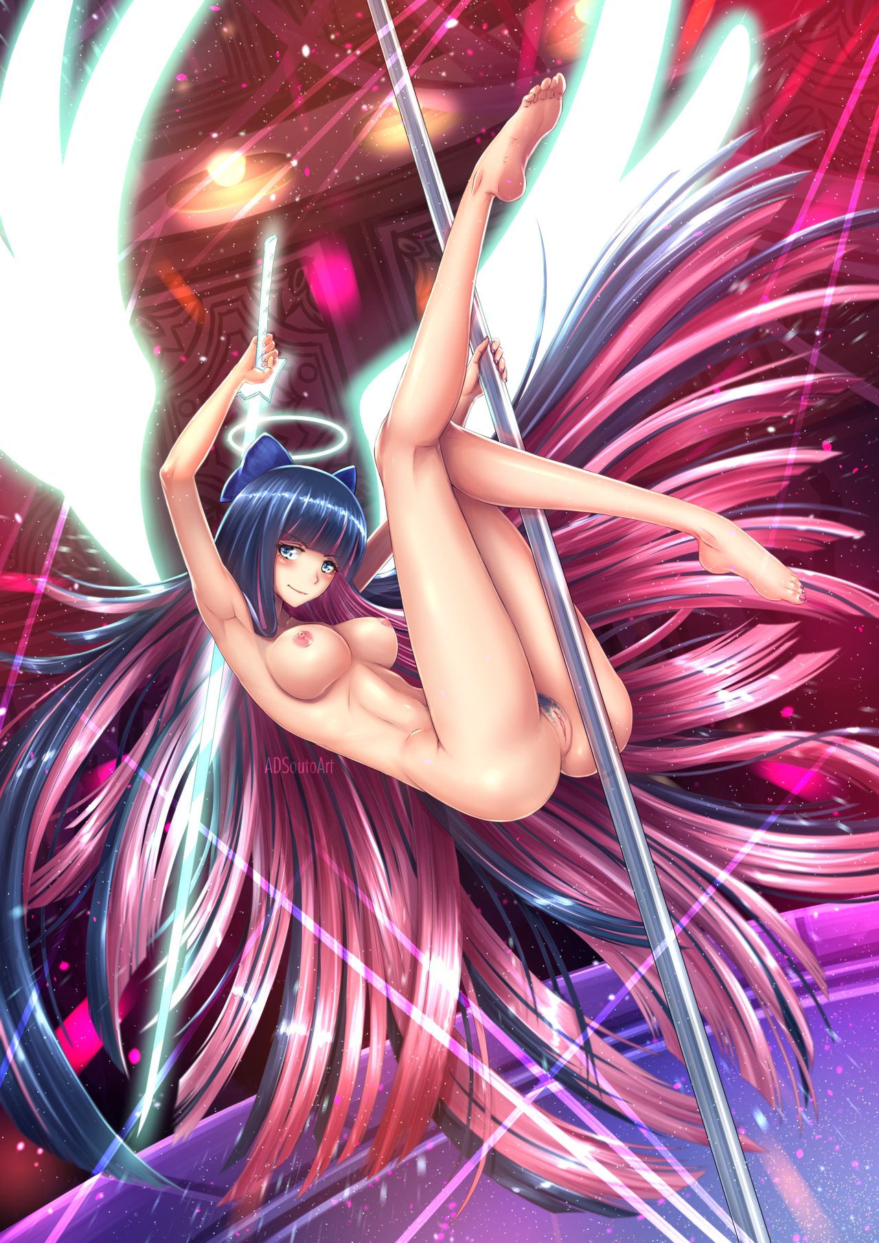 adsouto, blonde hair, blue hair, bow, breasts, female, multicolored hair, panty & stocking with garterbelt, pink hair, pole, pole dancing, pussy, stocking anarchy