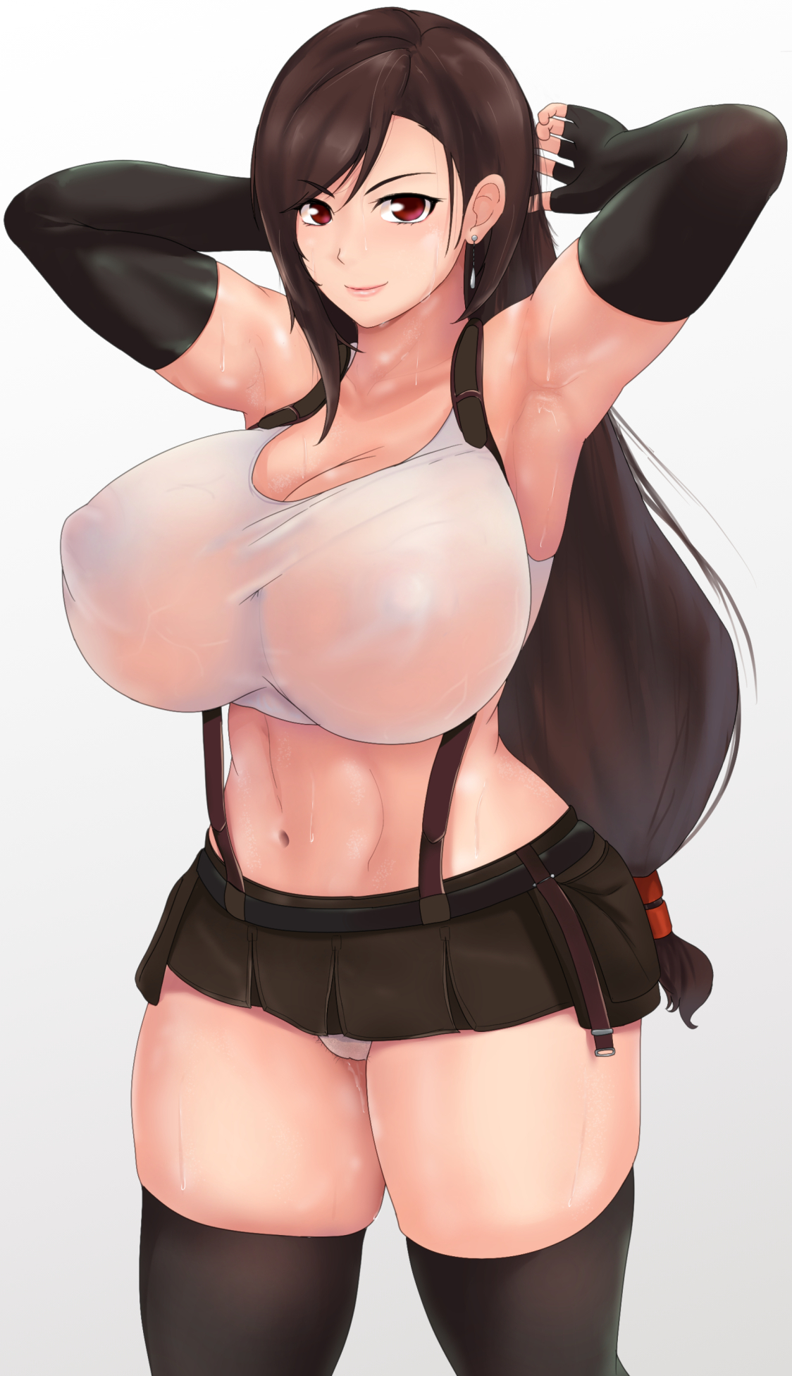 1girls, abs, alternate version available, armpits, big breasts, breasts, brown eyes, brown hair, cleavage, earrings, female, female only, final fantasy, final fantasy vii, final fantasy vii remake, large breasts, long hair, looking at viewer, miniskirt, navel, nipples, nipples visible through clothing, otohukebonne, panties, see-through, smile, solo, square enix, suspenders, sweat, thick thighs, thighhighs, tifa lockhart, wet skin, white background
