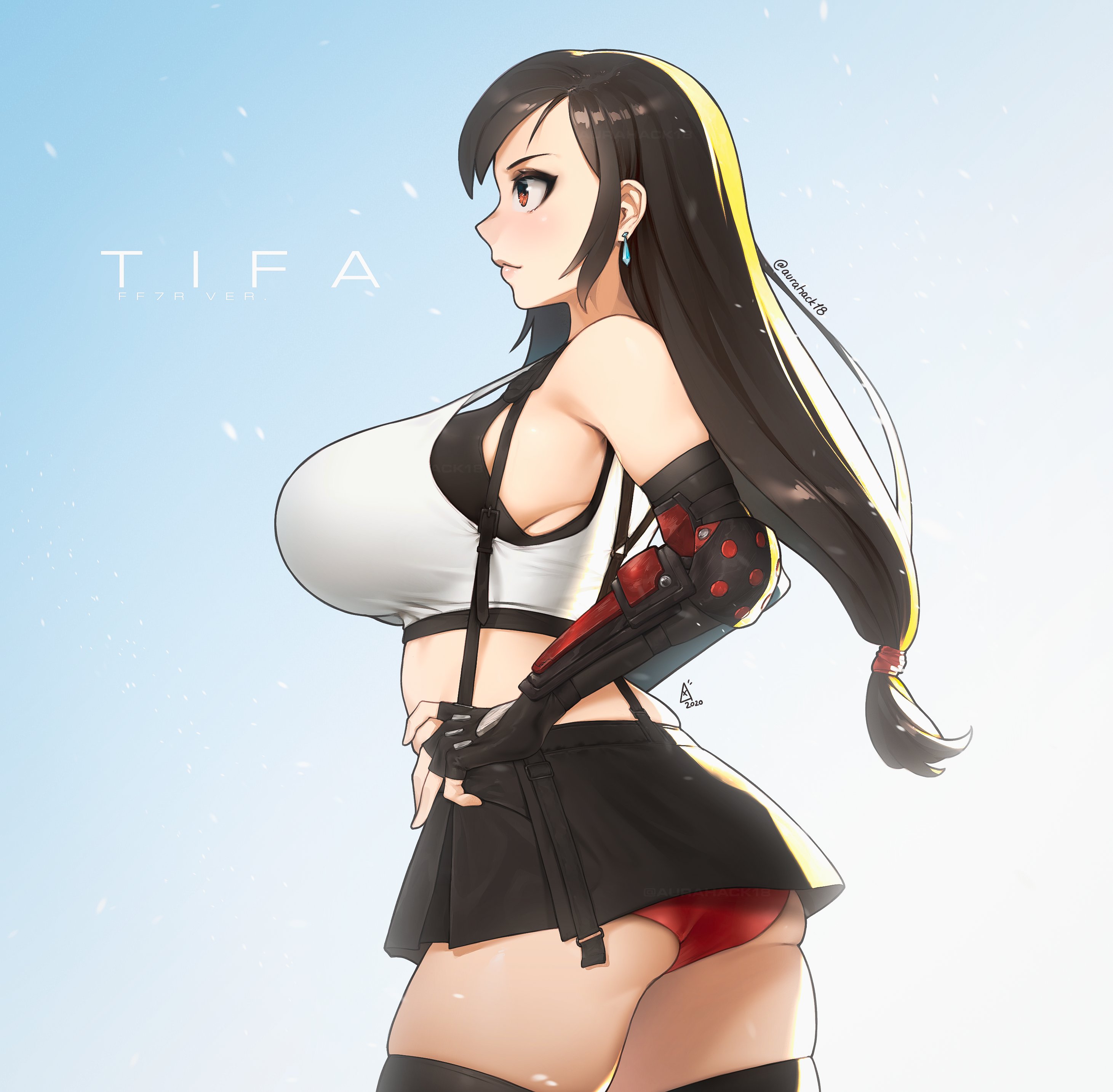 1girls, 2020, ass, aurahack, big ass, big breasts, black hair, breasts, cleavage, exposed panties, female, female only, final fantasy, final fantasy vii, large breasts, long hair, panties, red panties, red underwear, solo, sports bra, thighhighs, tifa lockhart, underwear, upskirt, white skin