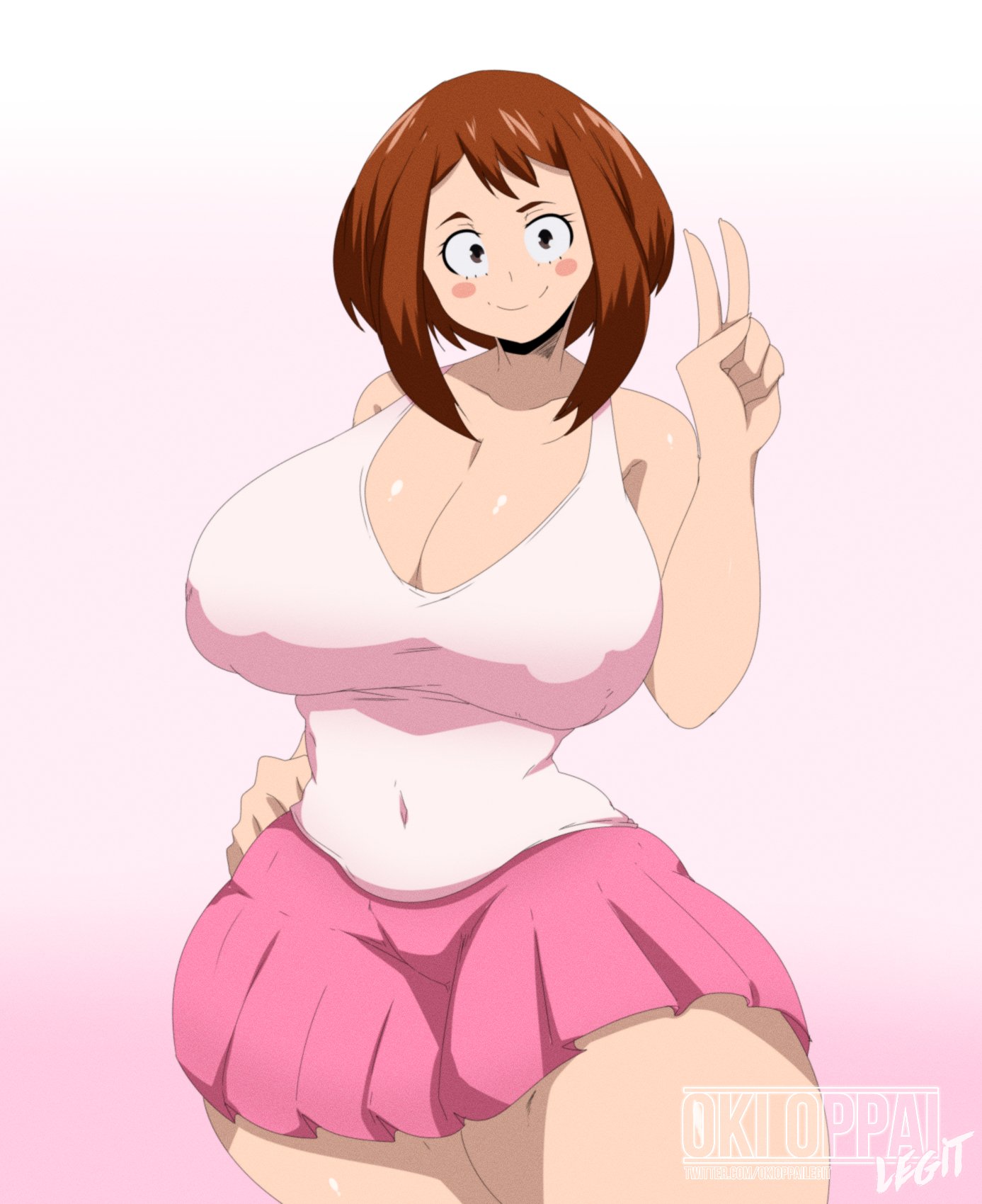 ass, big ass, big breasts, breasts, brown eyes, brown hair, female, huge breasts, my hero academia, ochako uraraka, okioppai, peace sign, pink cheeks, pink clothing, pink shirt, pink skirt, small waist, smile, smiling, thick thighs