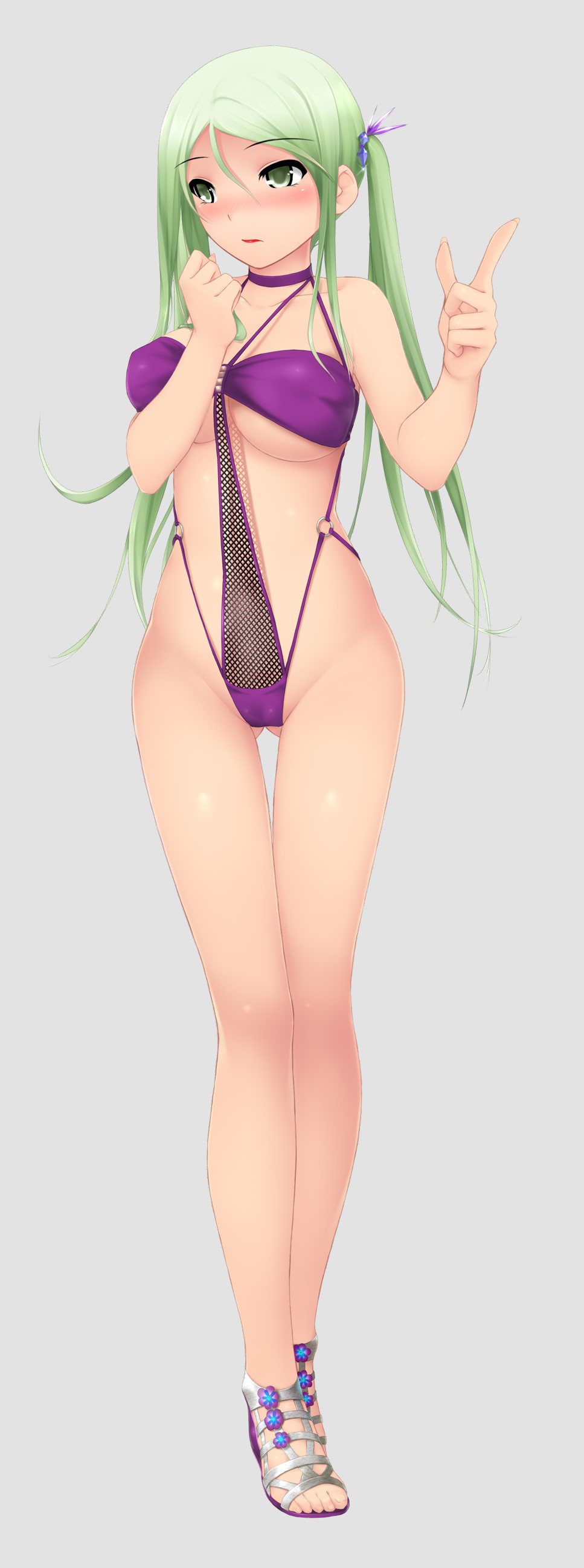 big_breasts bikini bottomwear cute goddess green_eyes green_hair high_heels huniepop purple_bikini theiatena_venus topwear white_skin