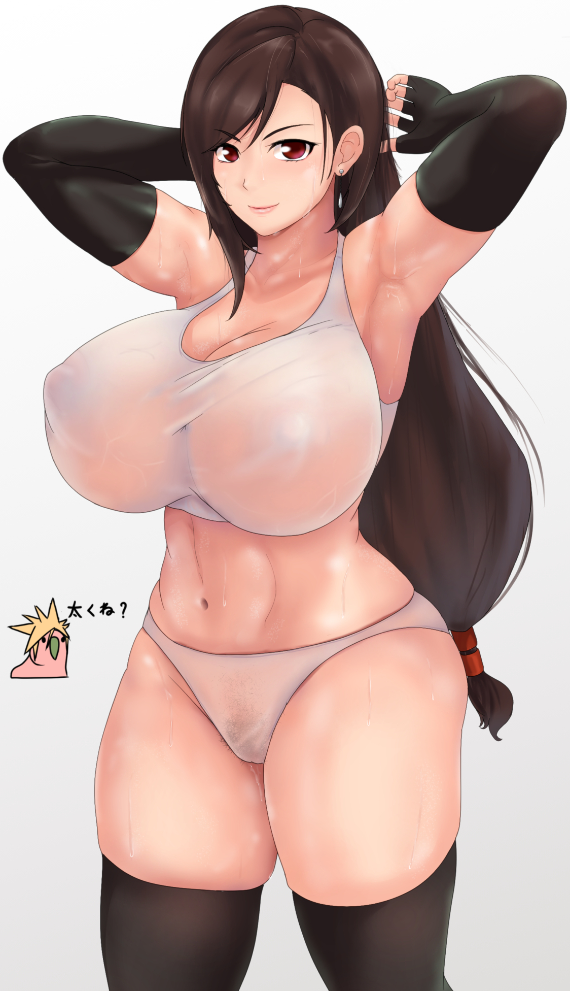 1girls, abs, alternate version available, armpits, big breasts, breasts, brown eyes, brown hair, cleavage, earrings, female, female only, final fantasy, final fantasy vii, final fantasy vii remake, hairy, large breasts, long hair, looking at viewer, navel, nipples, nipples visible through clothing, otohukebonne, panties, pubic hair, see-through, see-through clothing, smile, solo, square enix, sweat, thick thighs, thighhighs, tifa lockhart, wet skin, white background