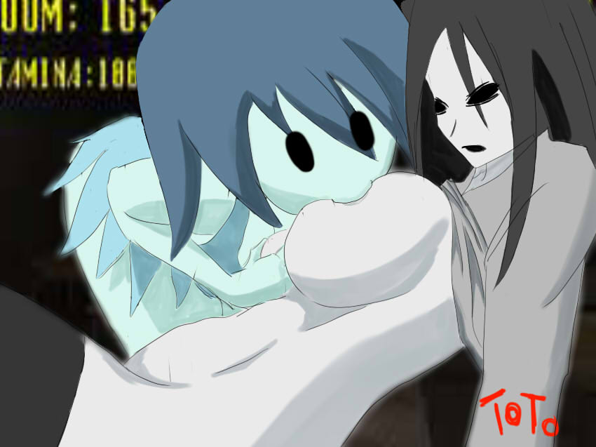 2girls, big breasts, black eyes, black hair, blue hair, breast sucking, breasts, female, ghost, grey skin, hair, long hair, mob face, multiple females, multiple girls, ringu (shojs), specimen 4, spooky, spooky (shojs), spooky's house of jump scares, spooky's jump scare mansion, suicidetoto, yuri