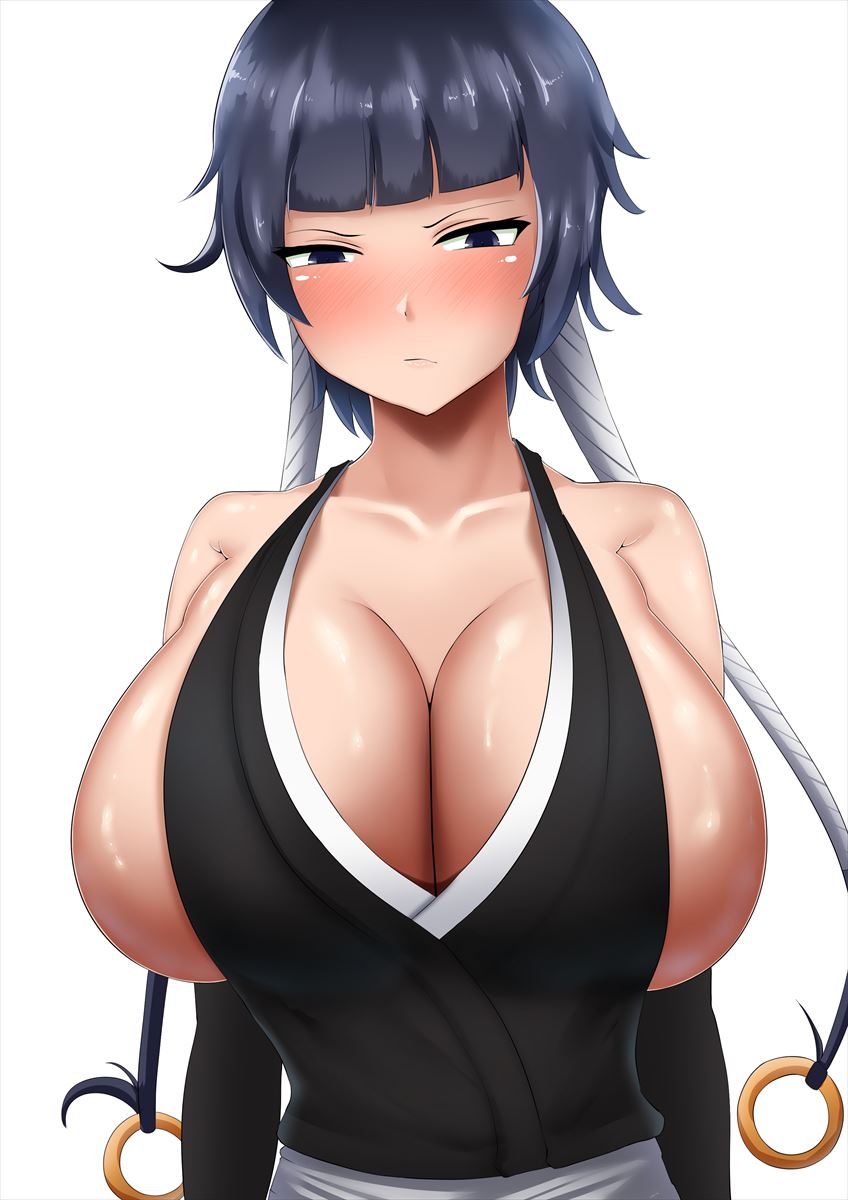 1girls, 2d, alternate breast size, artist request, big breasts, black hair, bleach, blender (disambiguation), blush, breasts, cleavage, female, huge breasts, large breasts, shiny skin, short hair, soifon, solo, solo female, sui-feng