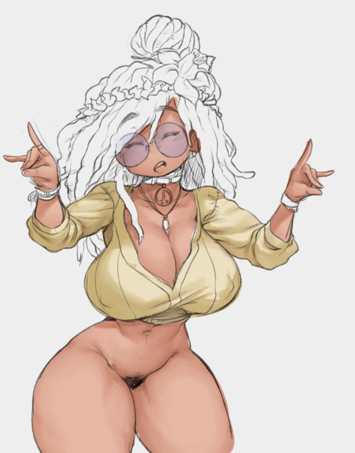 1girls ass big_breasts bottomless braided_hair breasts choker closed_eyes curvy dark-skinned_female dark_skin glasses hairy hippie long_hair monkeywithaafro necklace nipple_bulge pose pubic_hair raelynn_(monkeywithaafro) solo source_request tan_skin thick_thighs wide_hips