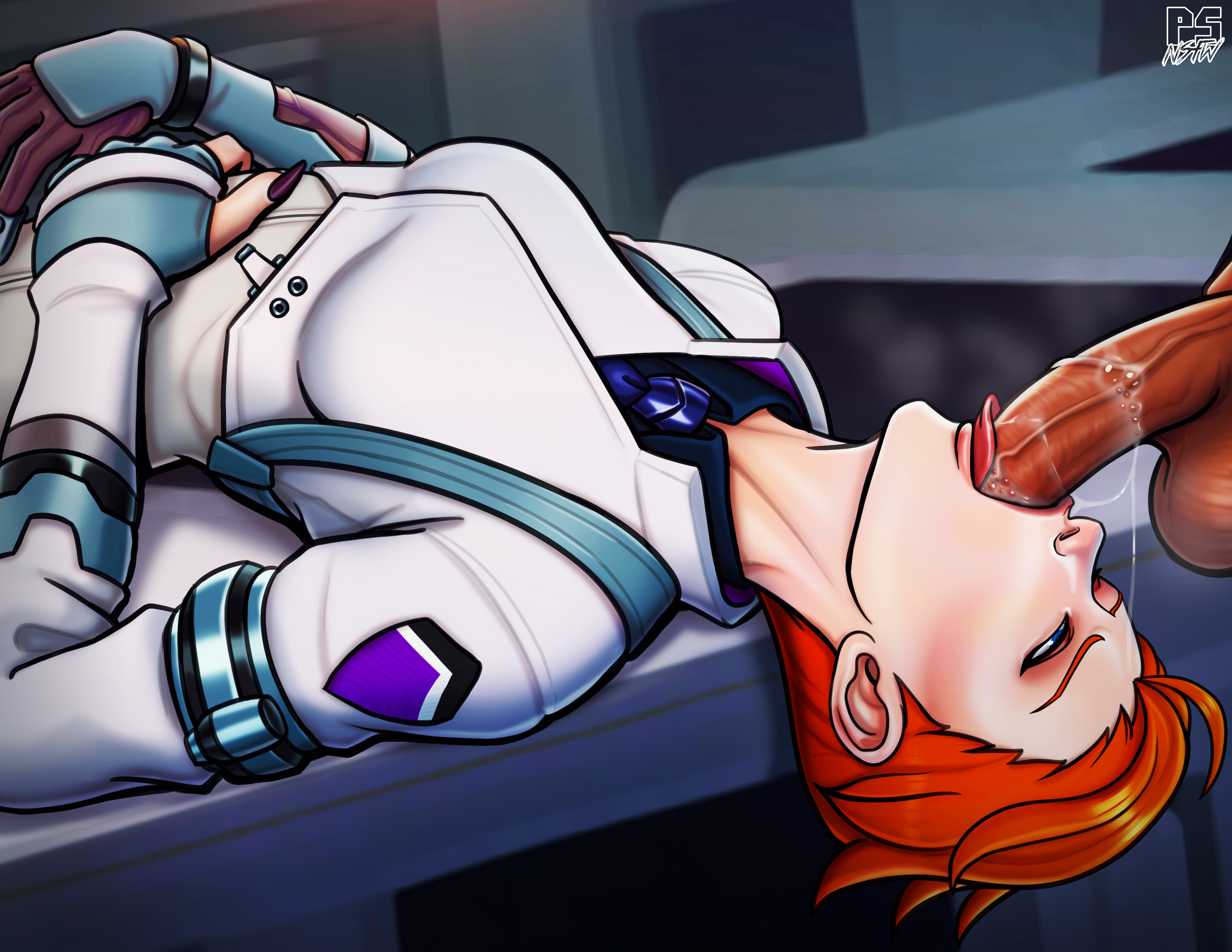 1boy, 1girls, 2d, artist name, balls, clothing, dark skin, dark-skinned male, duo, erection, fellatio, female, fingernails, hair, interracial, male, moira, nail polish, oral, orange hair, overwatch, overwatch 2, overwatch archives, penis, pumpkinsinclair, scientist moira, short hair, straight, sucking, tongue, unseen male face, video games, watermark