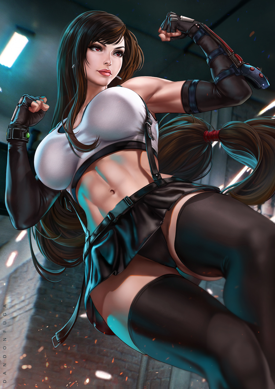 1girls, abs, big breasts, breasts, brown hair, dandon fuga, female, female only, final fantasy, final fantasy vii, human, long hair, panties, red eyes, skirt, solo, solo female, solo focus, square enix, thighhighs, tifa lockhart, toned, toned female