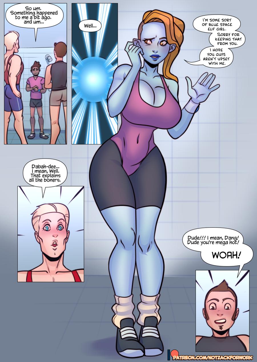 1girls, 2boys, alien, alien girl, blue skin, breast expansion, breast growth, breast growth (enlargement), breasts, cleavage, clothing, comic, english, english text, female, gender transformation, genderswap, huge breasts, male, mtf transformation, notzackforwork, rule 63, sci-fi, science fiction, scifi, transformation, wide hips