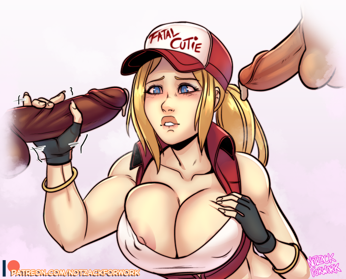 1girls 2boys blonde_hair breasts canon_genderswap cleavage dark-skinned_male dark_skin fatal_fury female female_terry huge_breasts interracial king_of_fighters nipple_slip notzackforwork rule_63 snk snk_heroines:_tag_team_frenzy terry_bogard